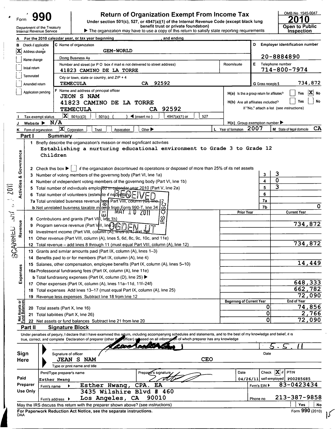 Image of first page of 2010 Form 990 for Gem-World