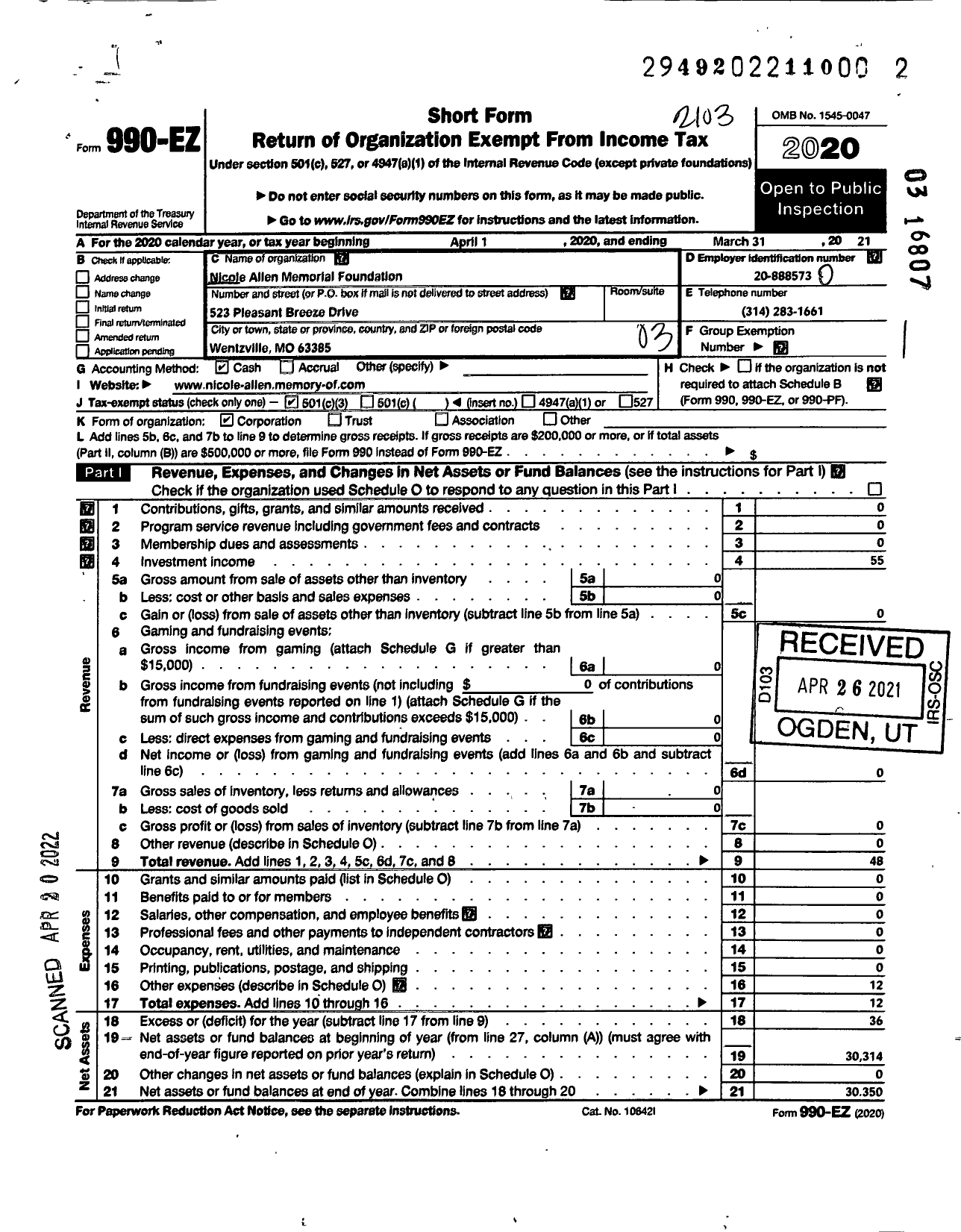 Image of first page of 2020 Form 990EZ for Nicole Allen Memorial Foundationinc