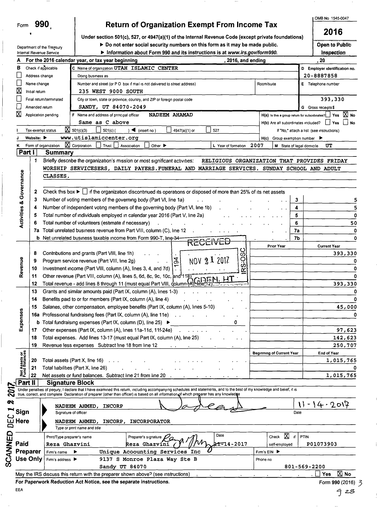 Image of first page of 2016 Form 990 for Utah Islamic Center