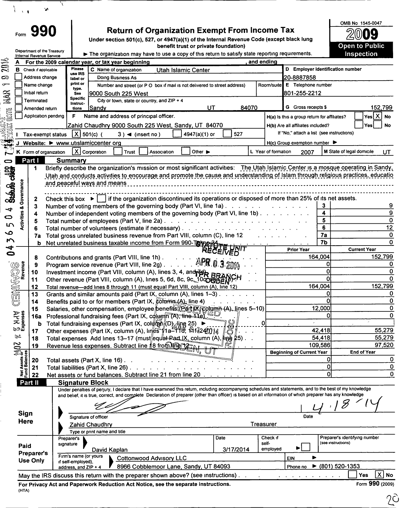 Image of first page of 2009 Form 990 for Utah Islamic Center