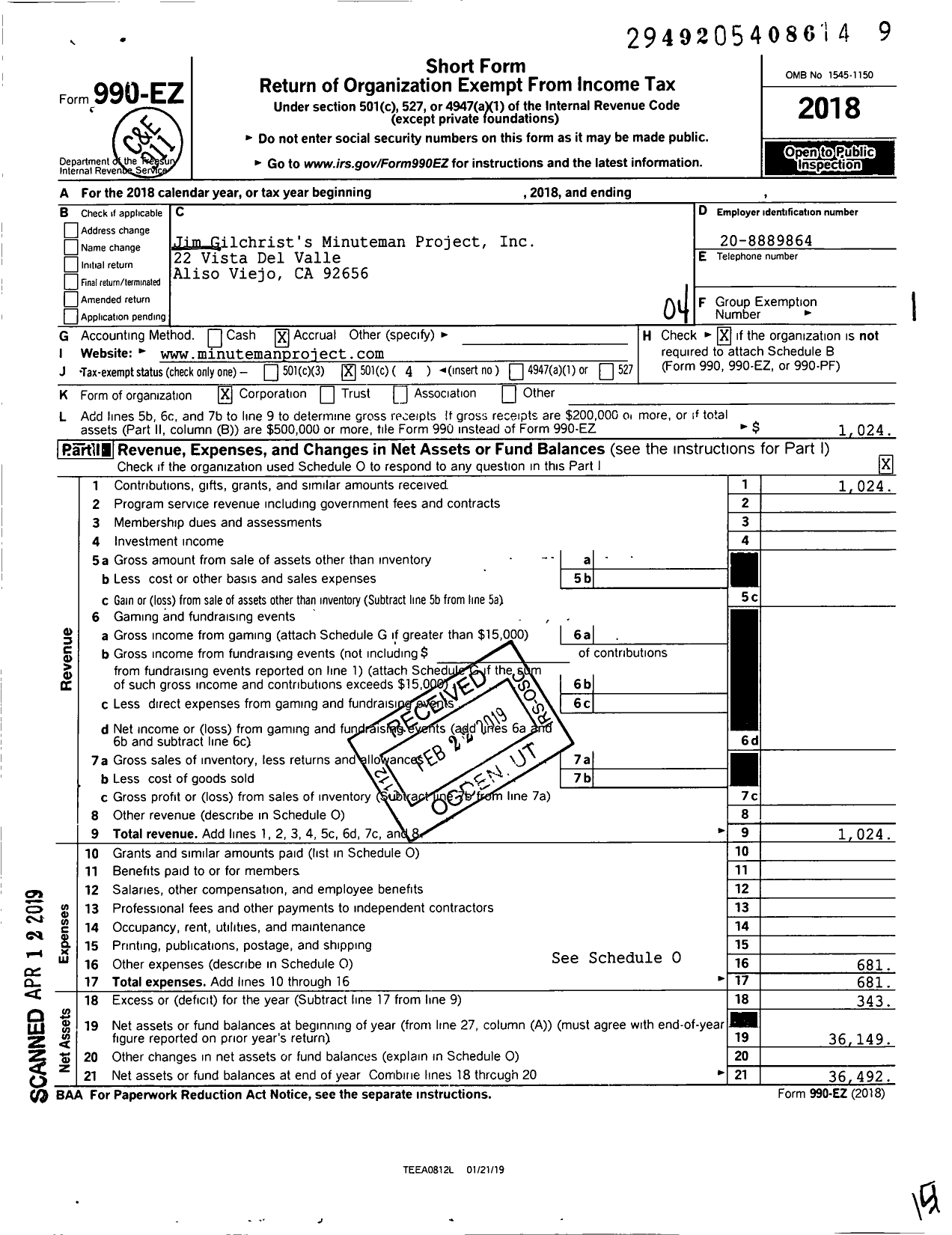 Image of first page of 2018 Form 990EO for Jim Gilchrists Minuteman Project