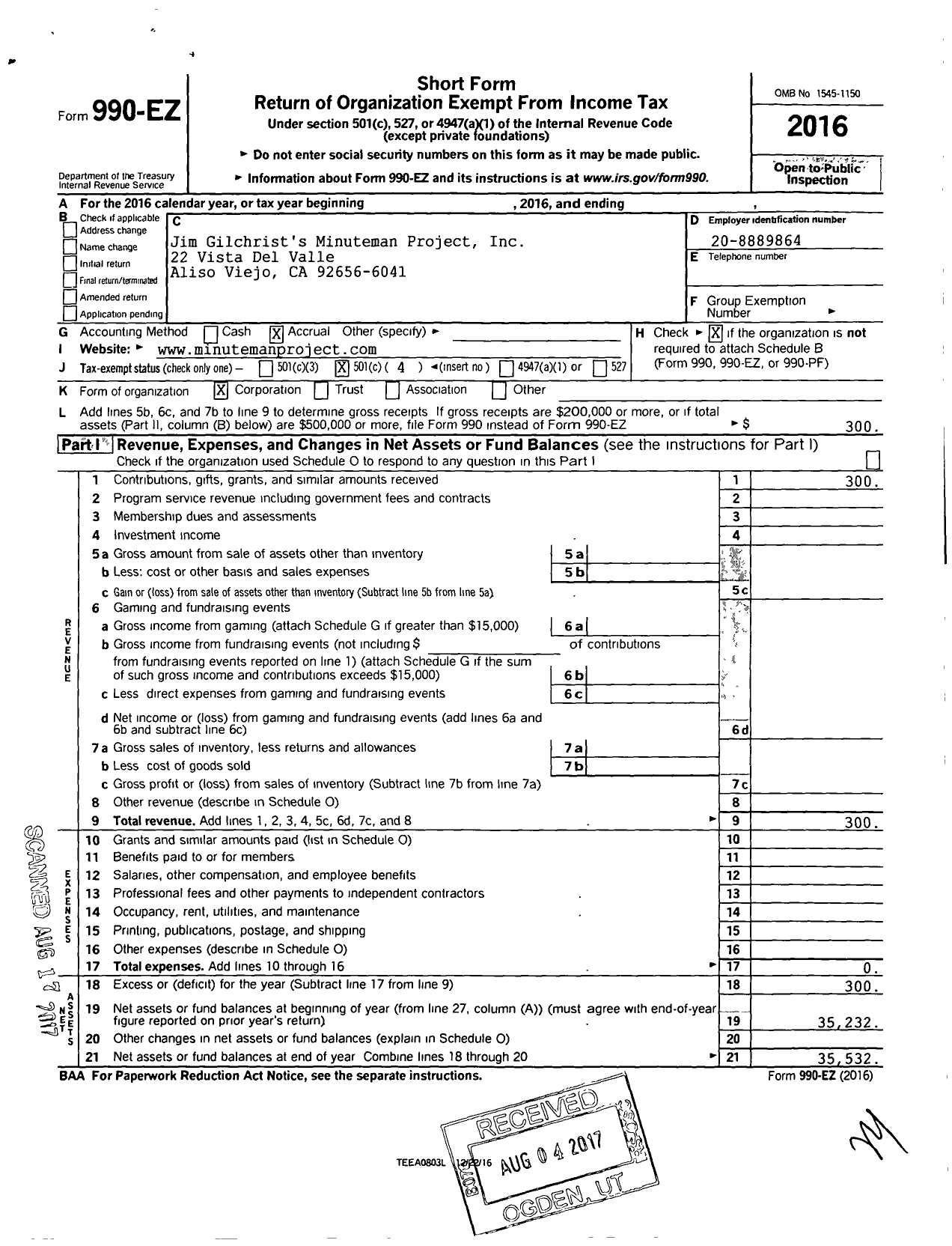 Image of first page of 2016 Form 990EO for Jim Gilchrists Minuteman Project