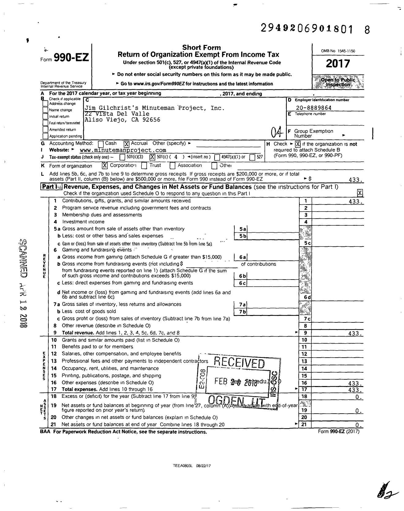 Image of first page of 2017 Form 990EO for Jim Gilchrists Minuteman Project