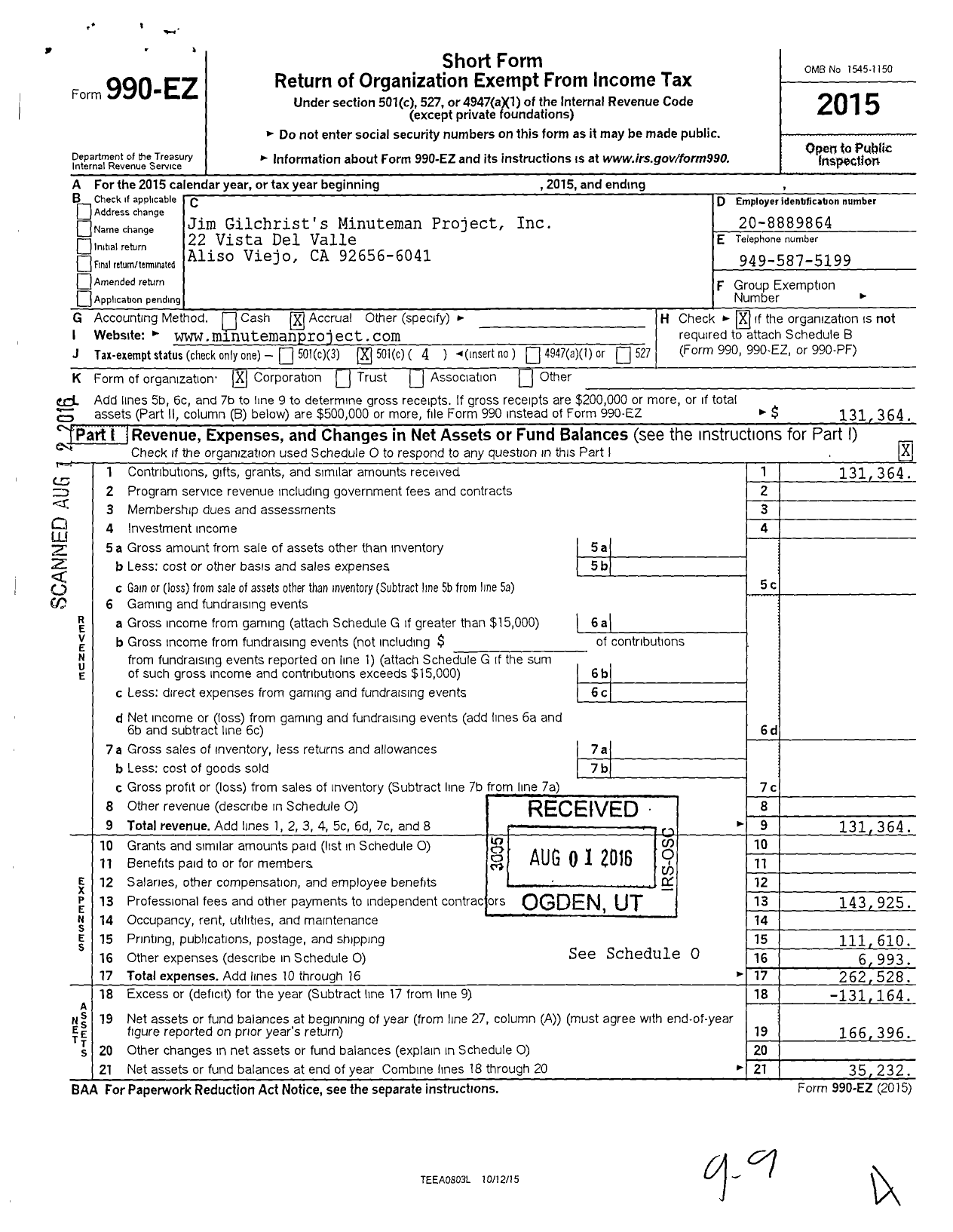 Image of first page of 2015 Form 990EO for Jim Gilchrists Minuteman Project