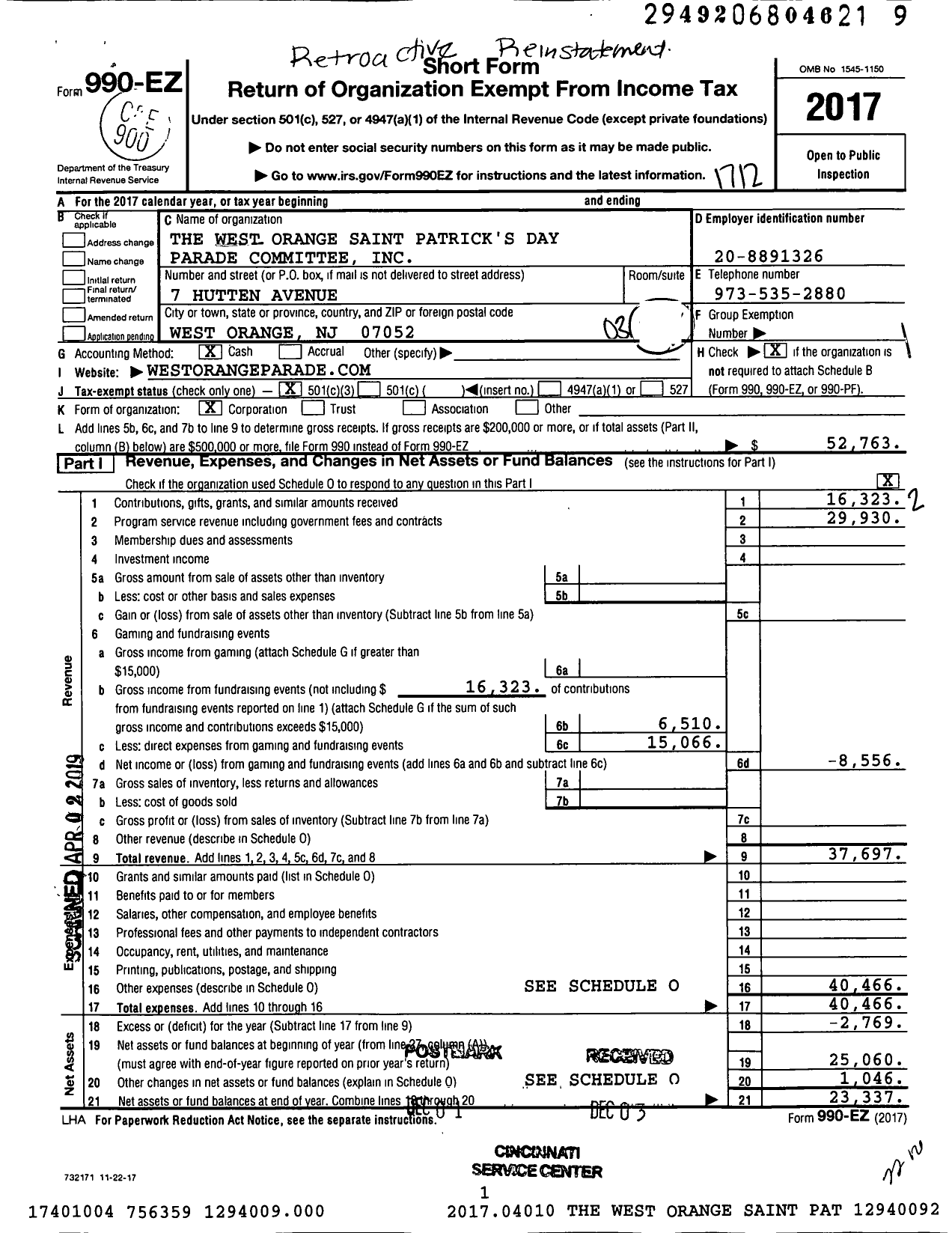 Image of first page of 2017 Form 990EZ for The West Orange Saint Patrick's Day Committee