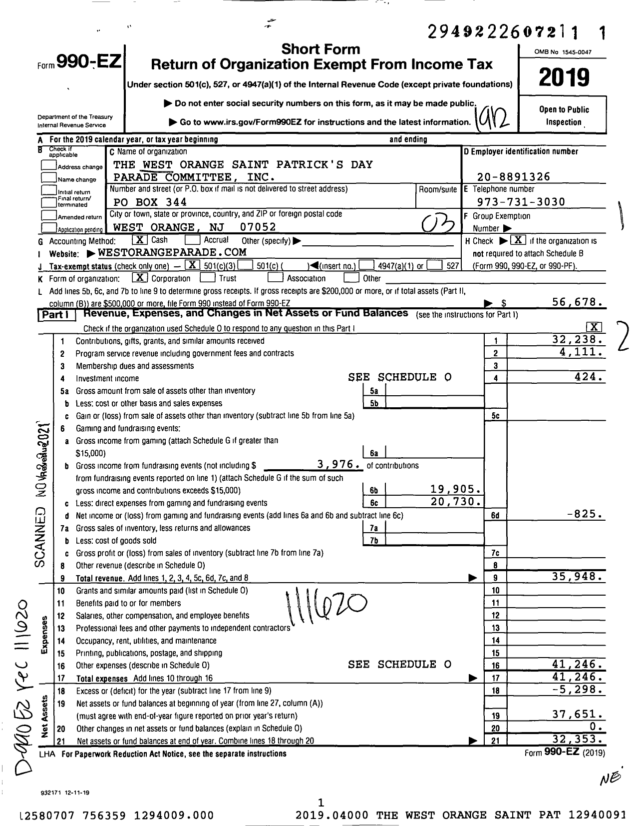 Image of first page of 2019 Form 990EZ for The West Orange Saint Patrick's Day Committee