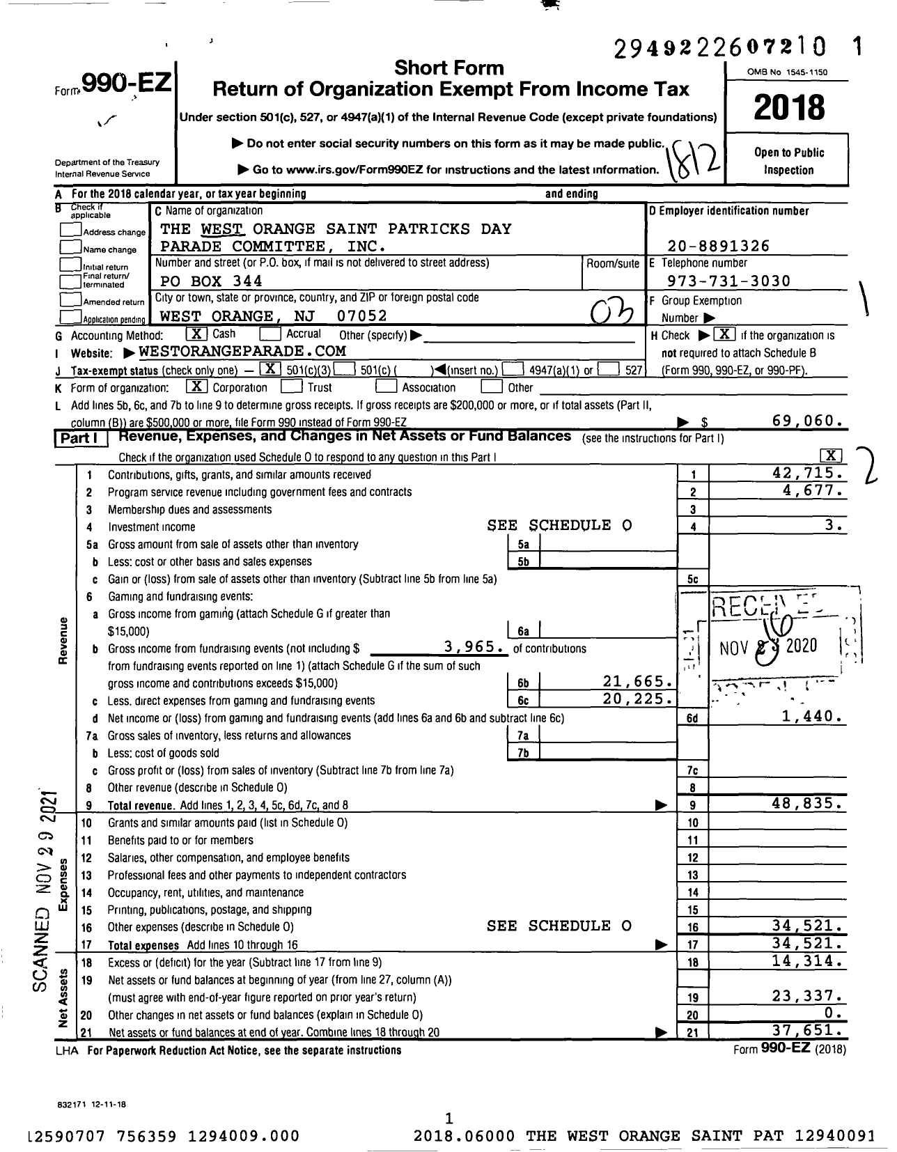 Image of first page of 2018 Form 990EZ for The West Orange Saint Patrick's Day Committee