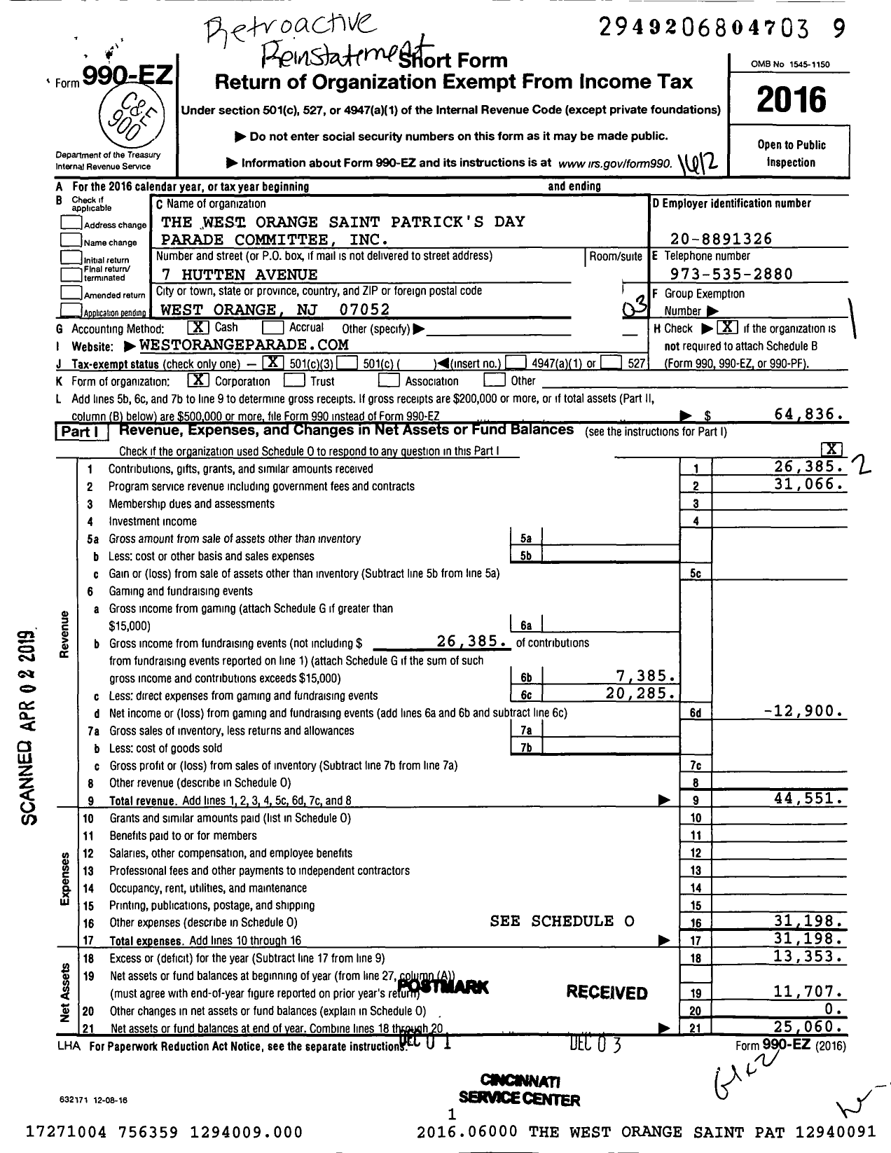 Image of first page of 2016 Form 990EZ for The West Orange Saint Patrick's Day Committee