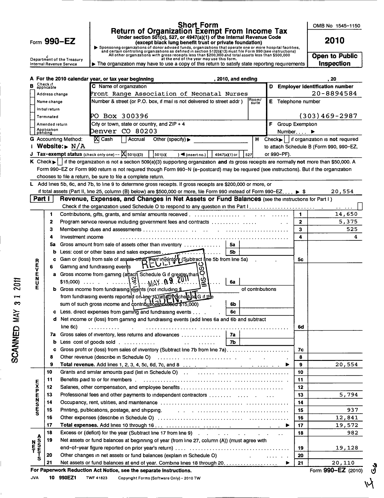 Image of first page of 2010 Form 990EZ for National Association of Neonatal Nurses / Front Range Association of Neonatal