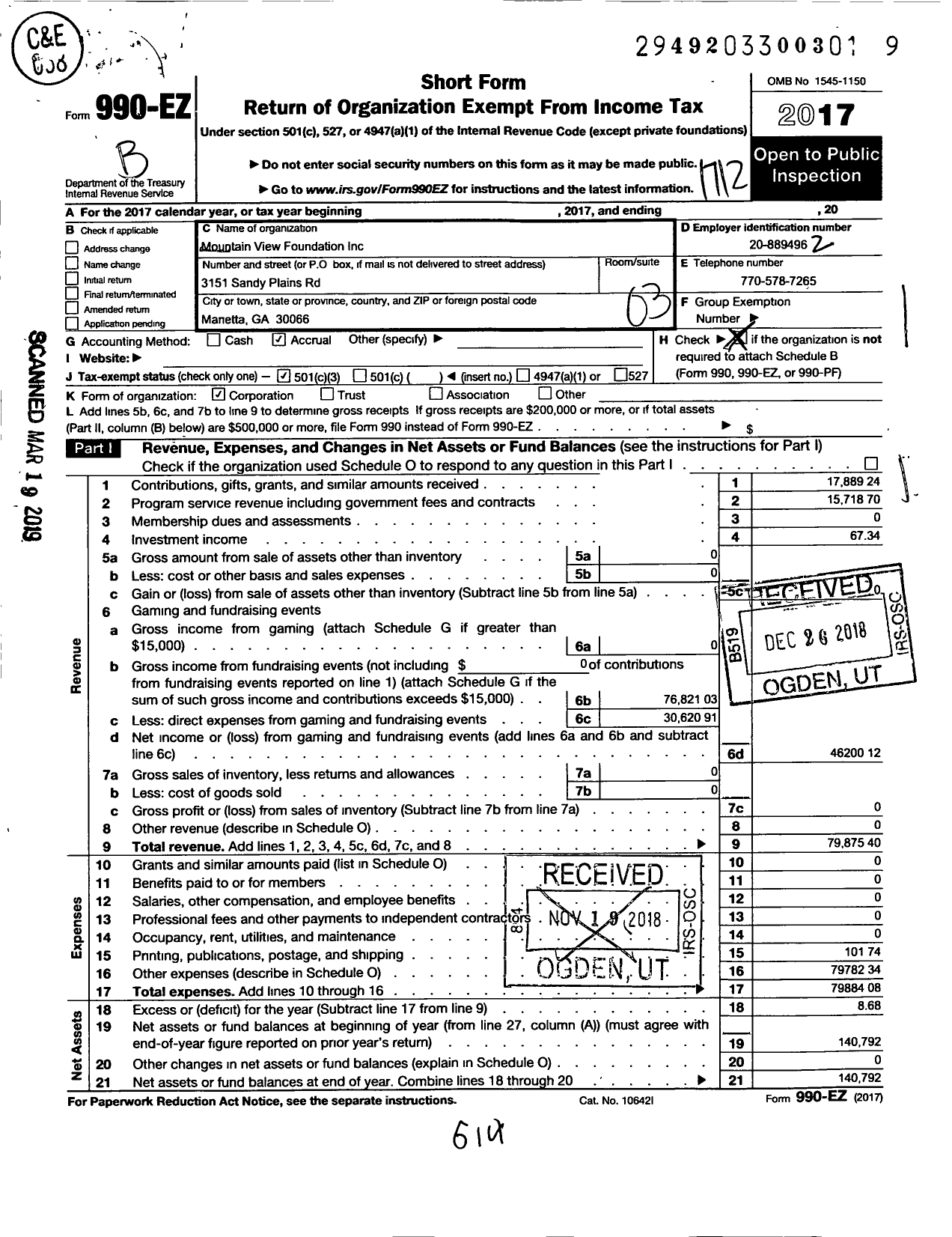 Image of first page of 2017 Form 990EZ for Mountain View Foundation Incorporated