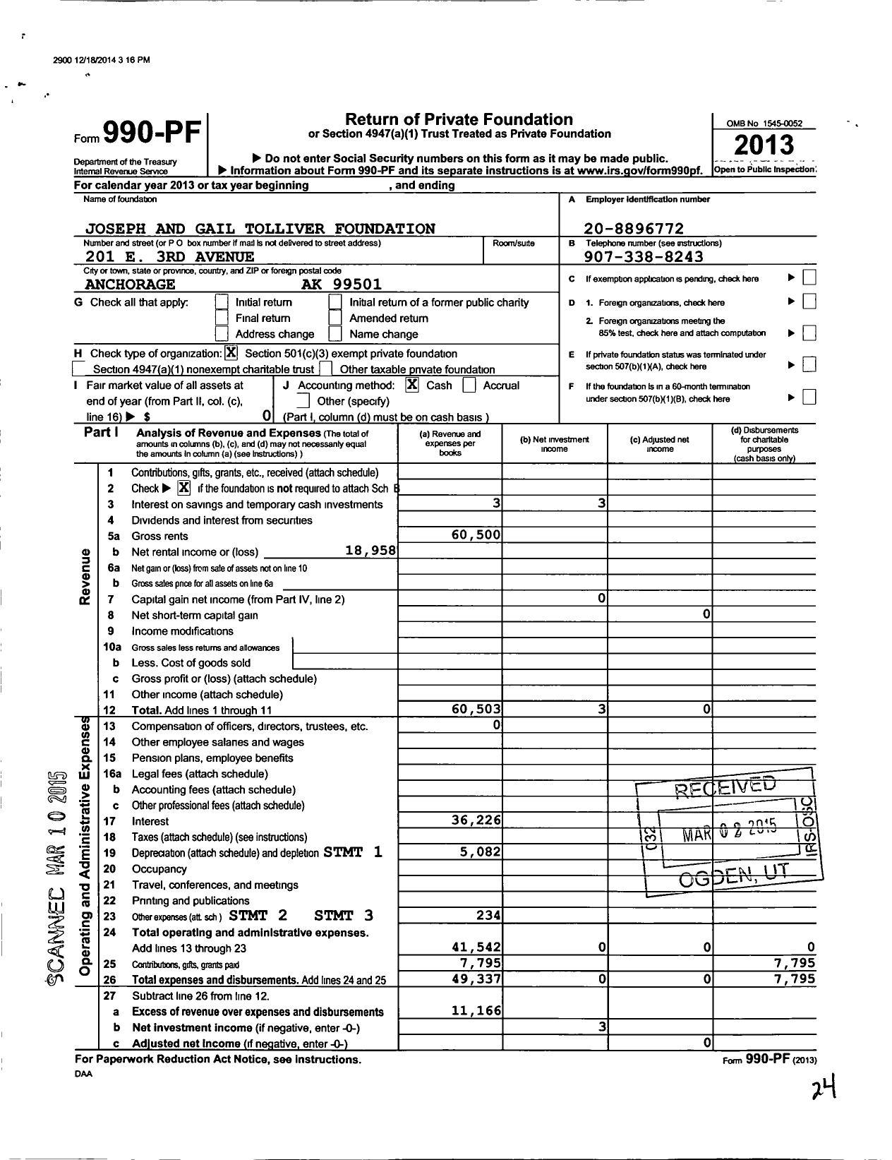 Image of first page of 2013 Form 990PF for Joseph and Gail Tolliver Foundation