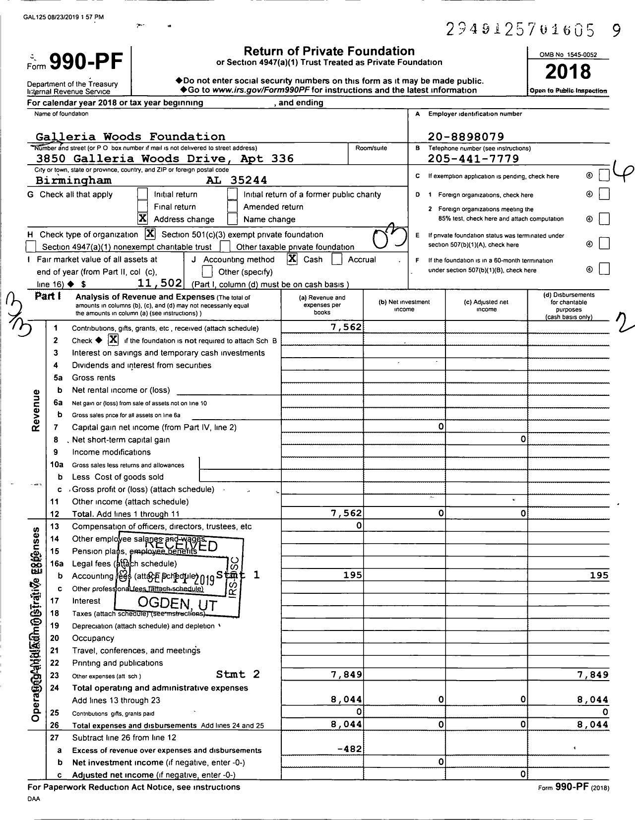 Image of first page of 2018 Form 990PF for Galleria Woods Foundation