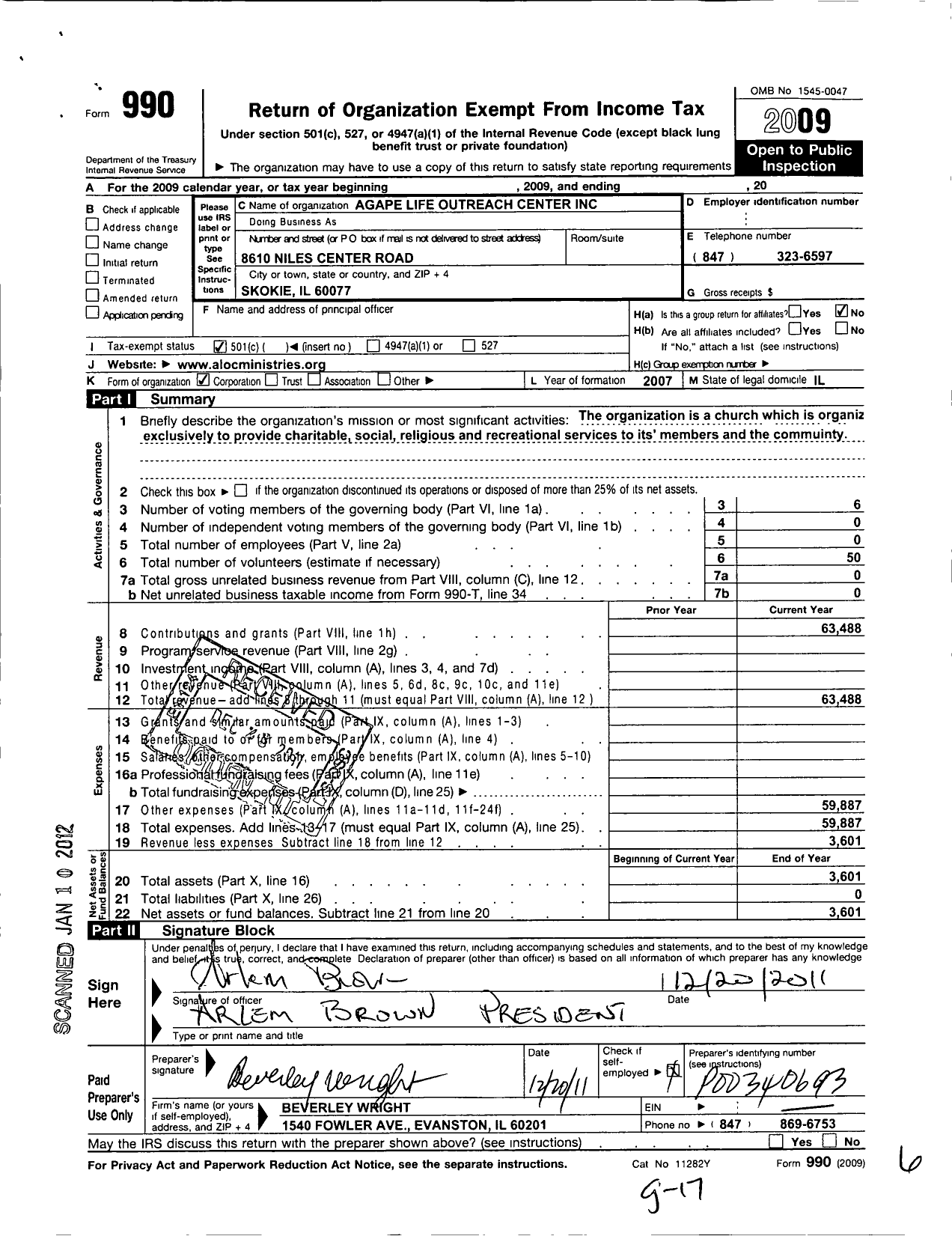 Image of first page of 2009 Form 990O for Agape Life Outreach Center Ministries