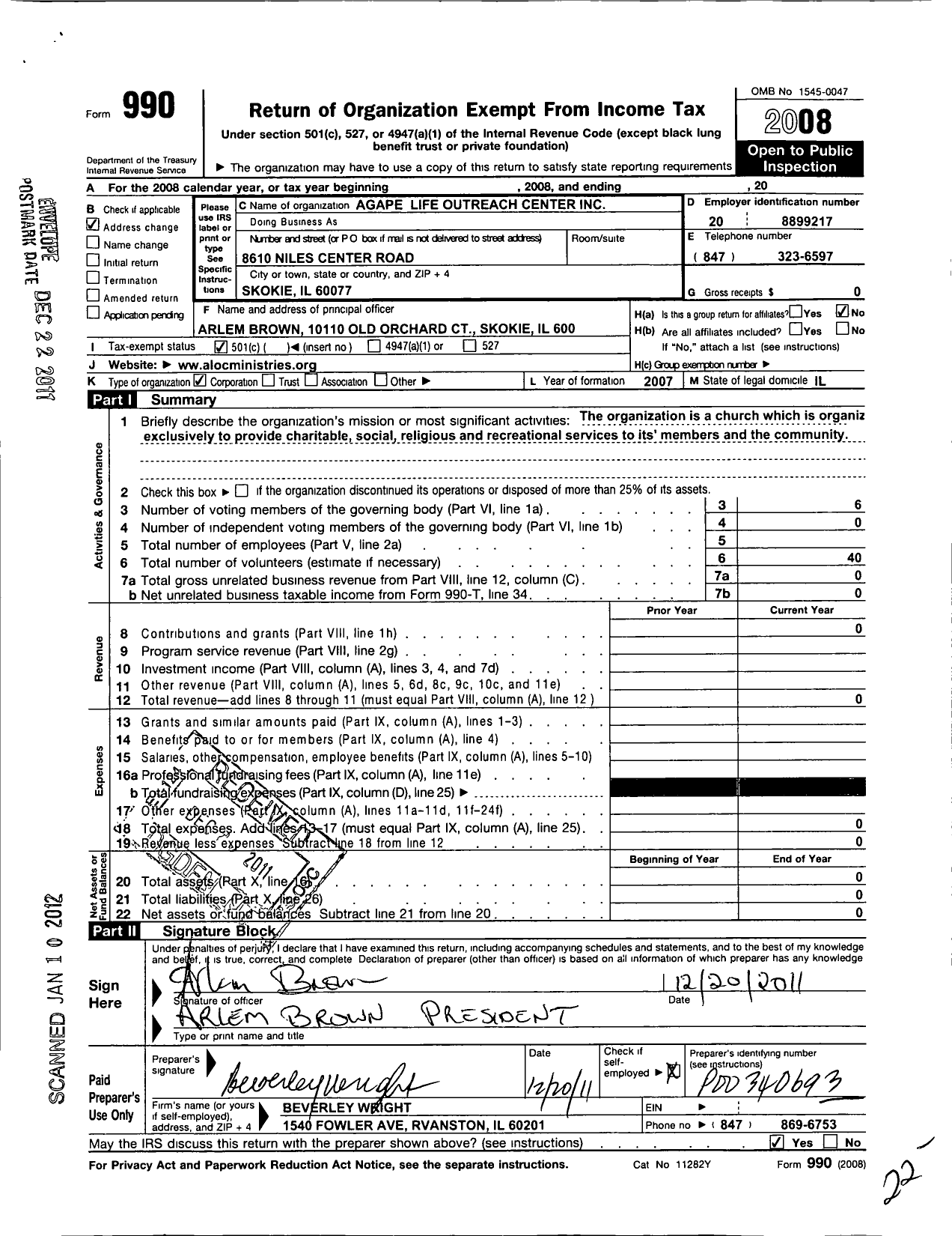 Image of first page of 2008 Form 990O for Agape Life Outreach Center Ministries