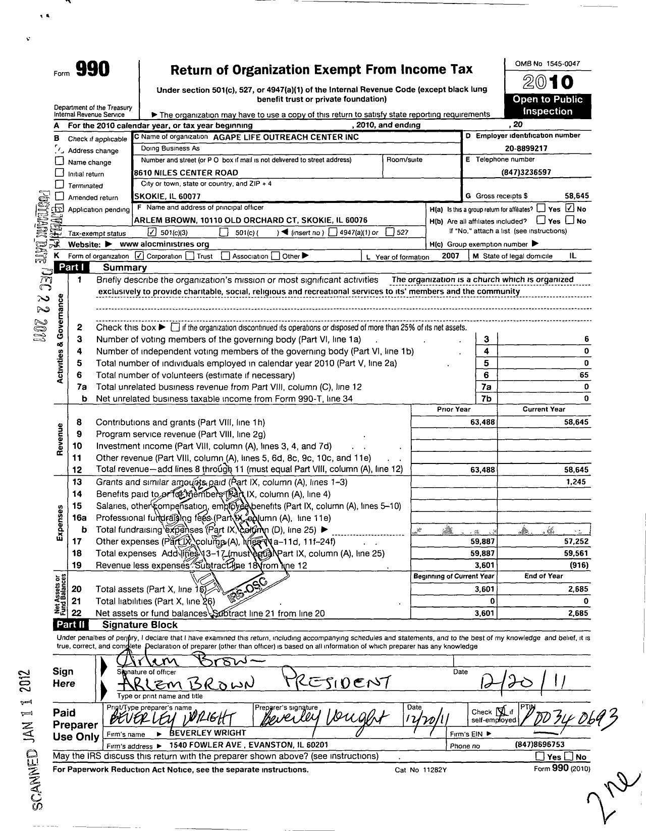 Image of first page of 2010 Form 990 for Agape Life Outreach Center Ministries