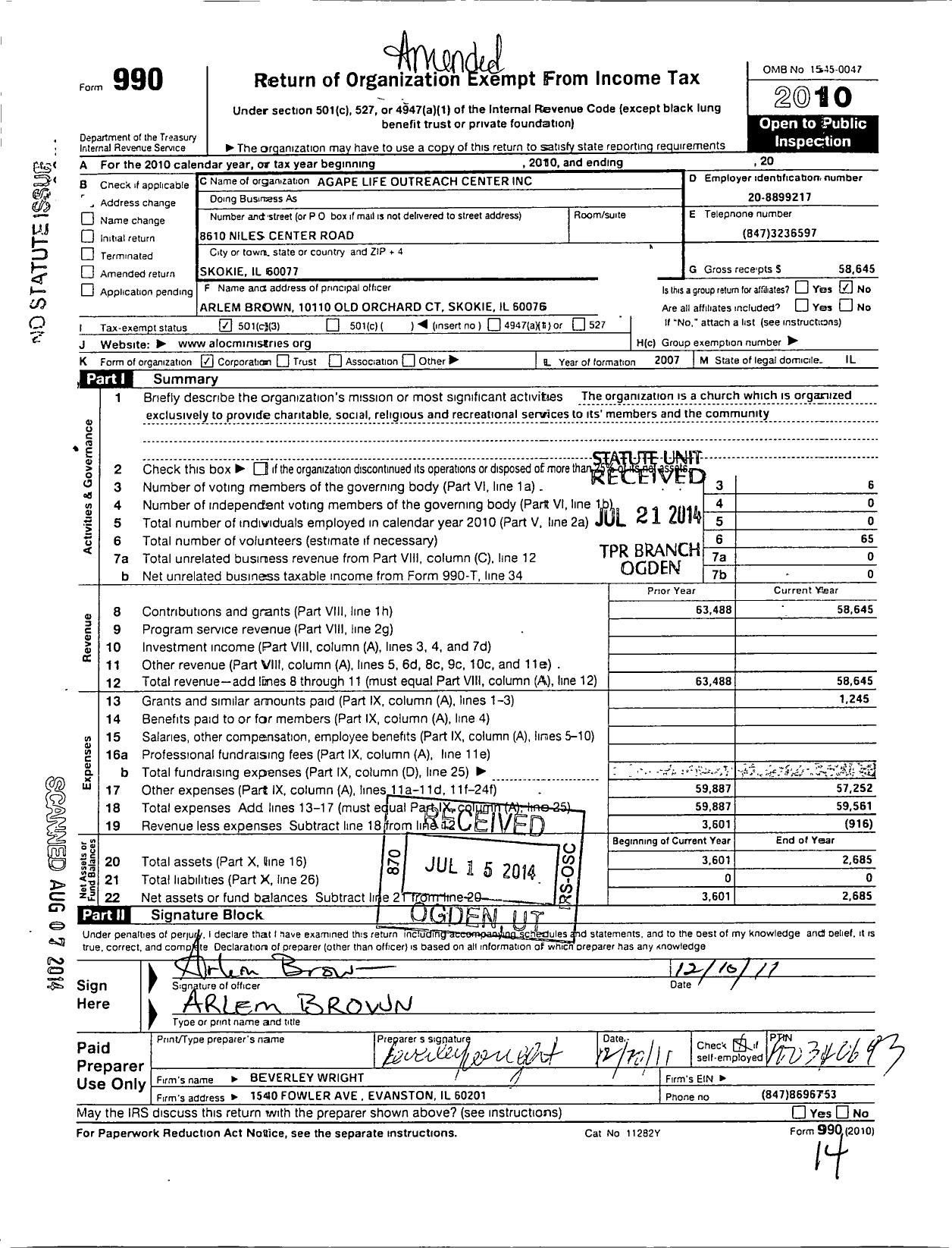 Image of first page of 2010 Form 990 for Agape Life Outreach Center Ministries