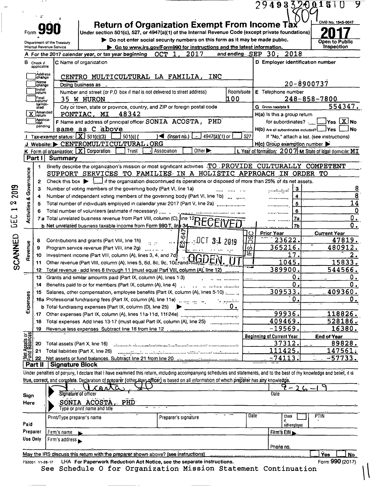 Image of first page of 2017 Form 990 for Centro Multicultural La Familia