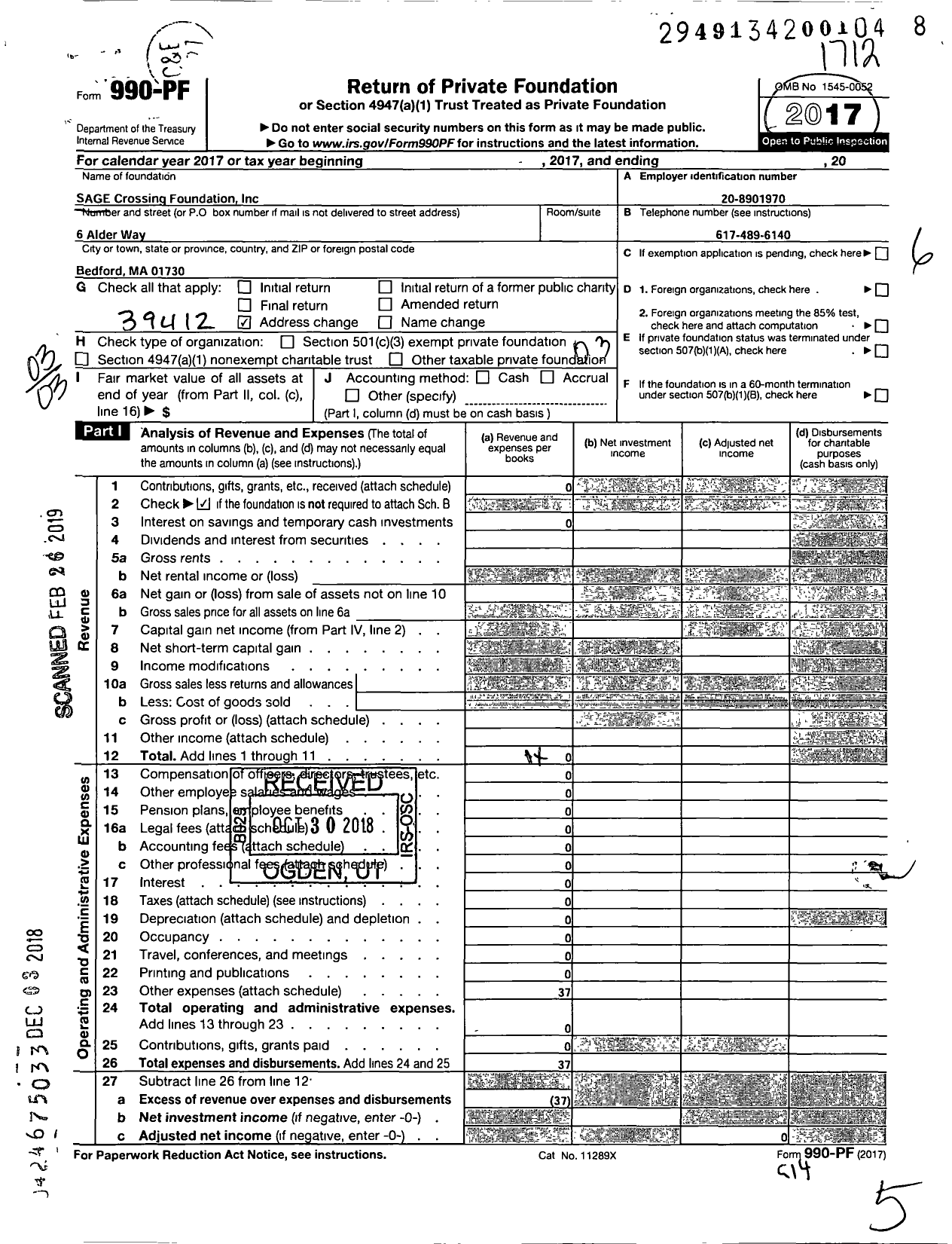 Image of first page of 2017 Form 990PF for Sage Crossing Foundation