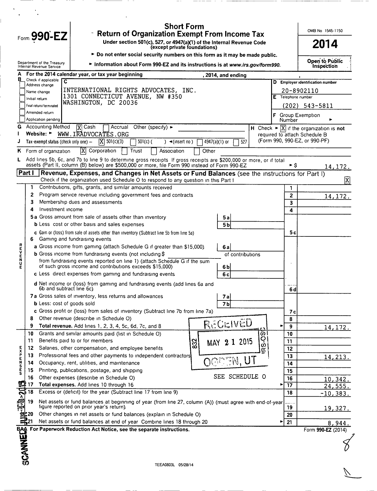 Image of first page of 2014 Form 990EZ for International Rights Advocates