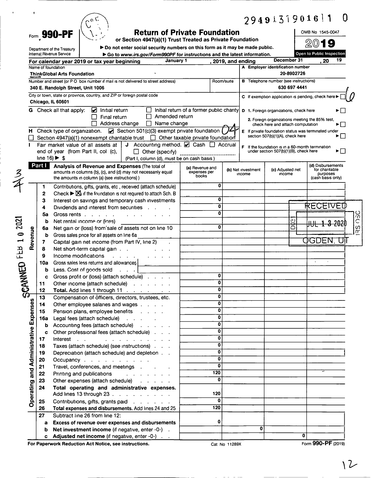 Image of first page of 2019 Form 990PF for Thinkglobal Arts Foundation