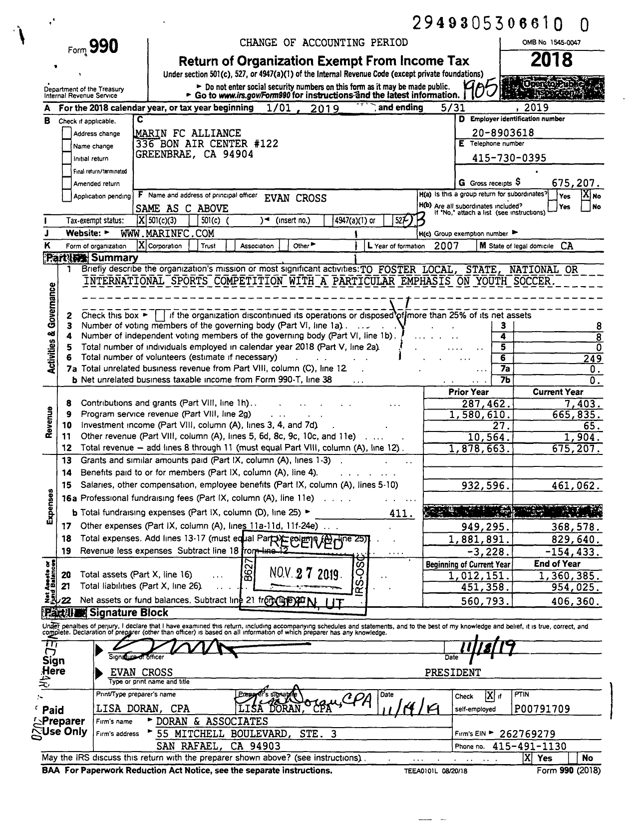 Image of first page of 2018 Form 990 for The Marin Football Club