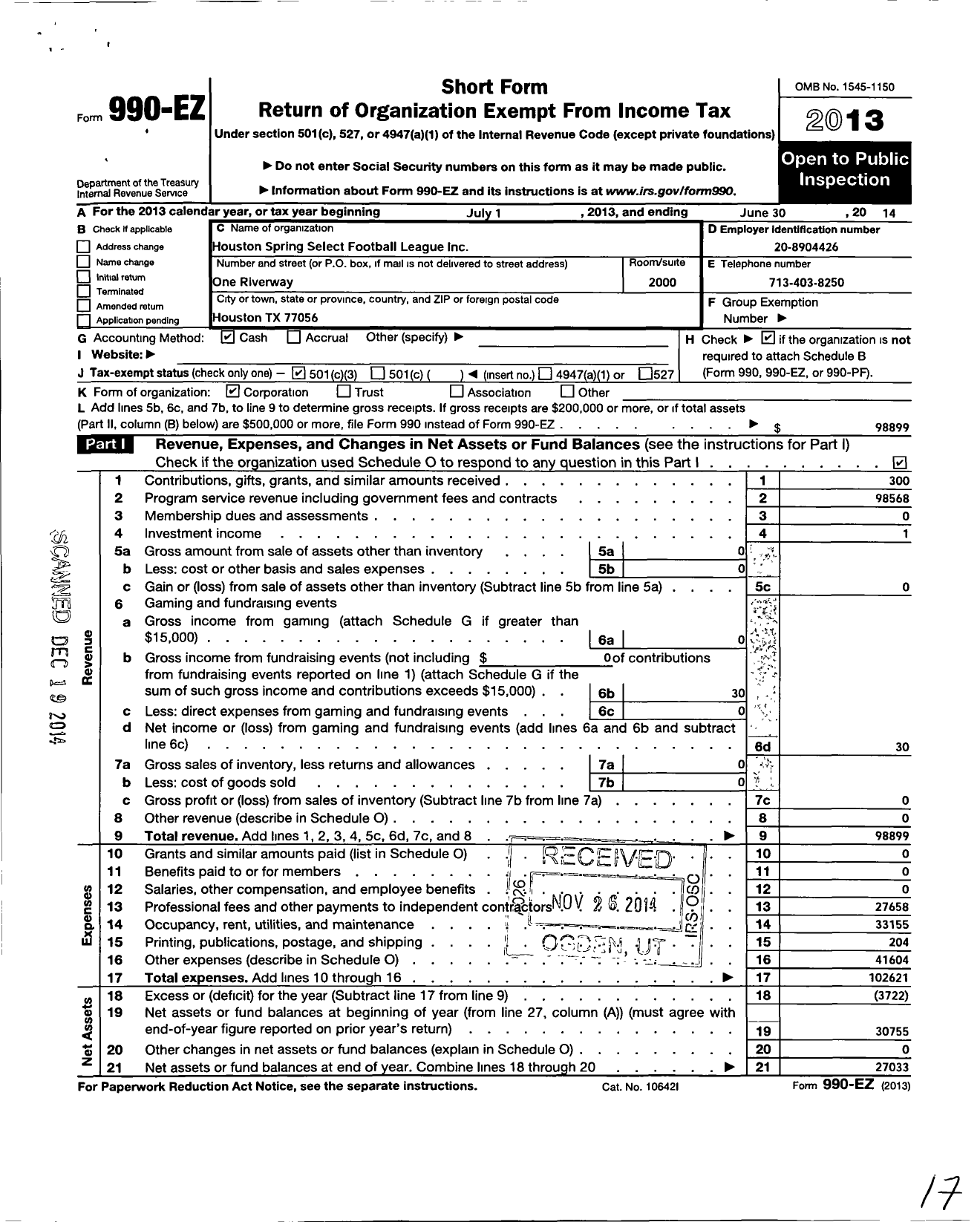 Image of first page of 2013 Form 990EZ for Houston Spring Select Football League