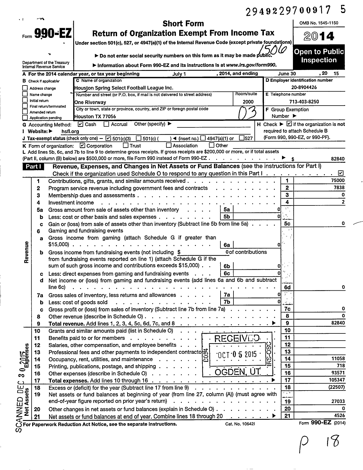 Image of first page of 2014 Form 990EZ for Houston Spring Select Football League