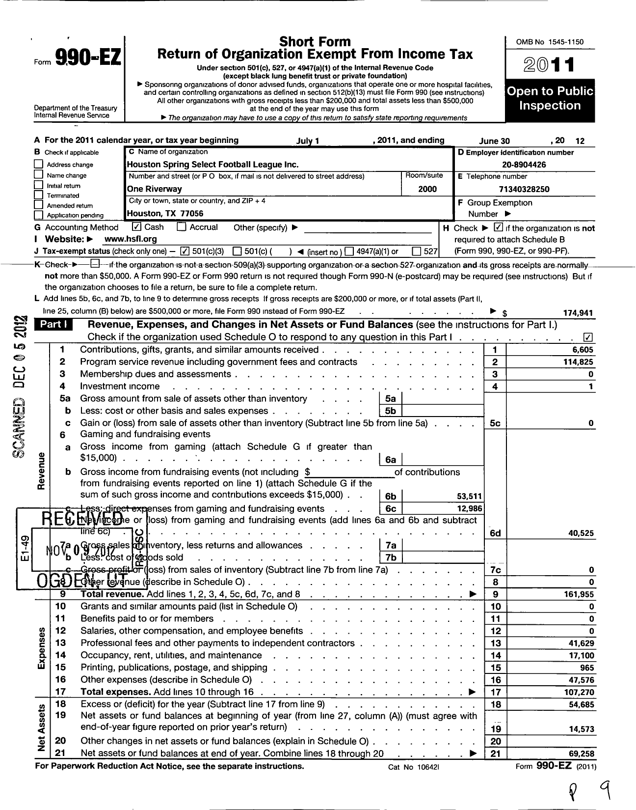 Image of first page of 2011 Form 990EZ for Houston Spring Select Football League