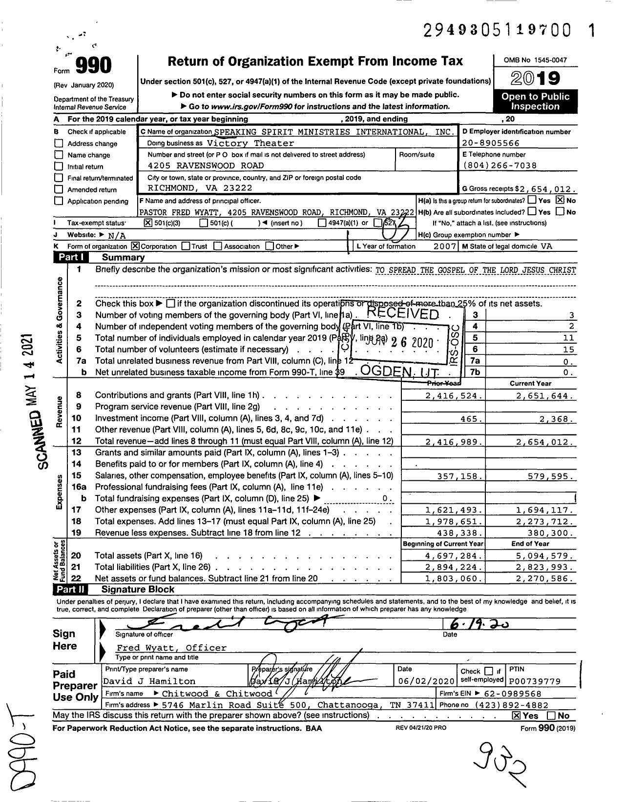 Image of first page of 2019 Form 990 for Victory Theater