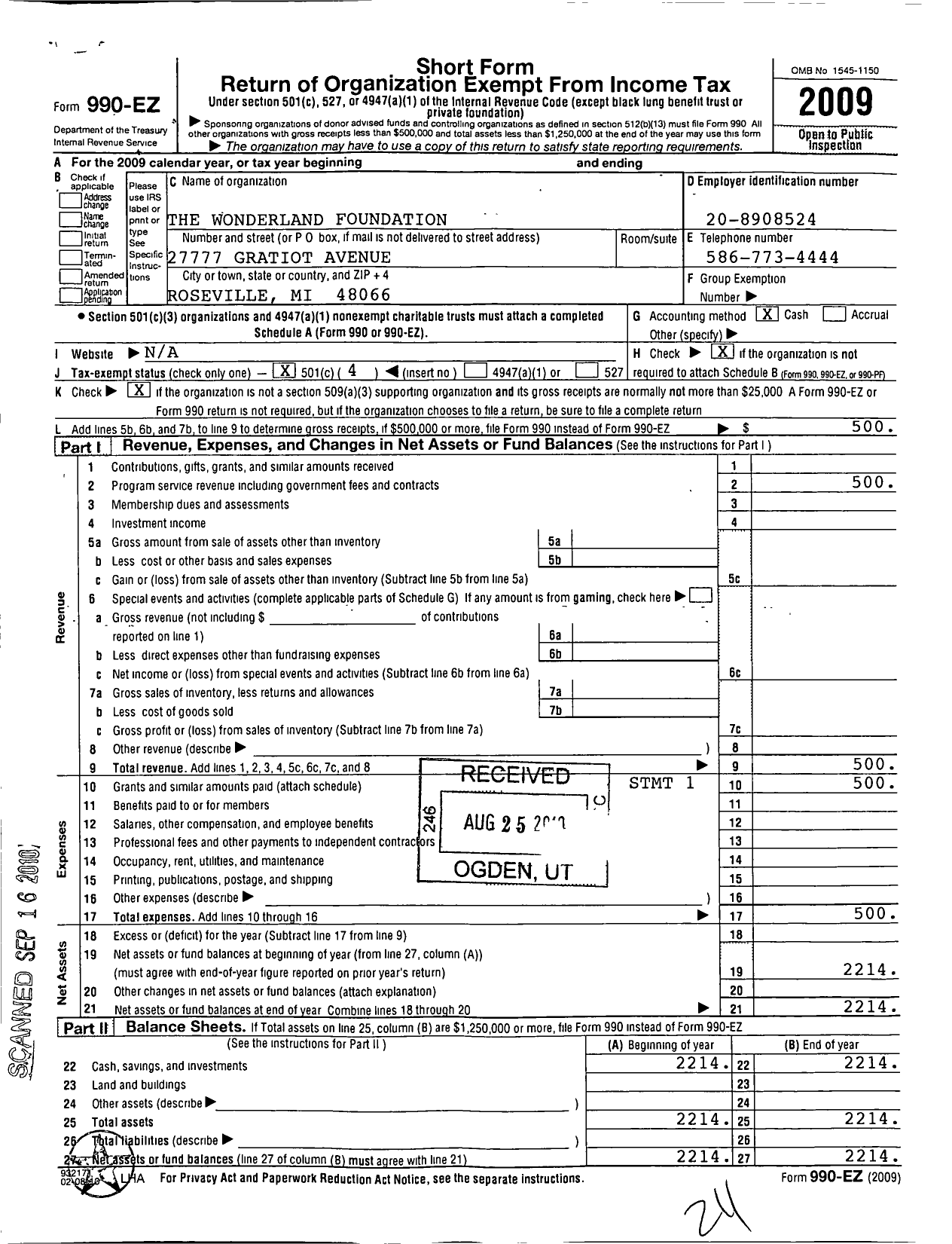 Image of first page of 2009 Form 990EO for Wonderland Foundation