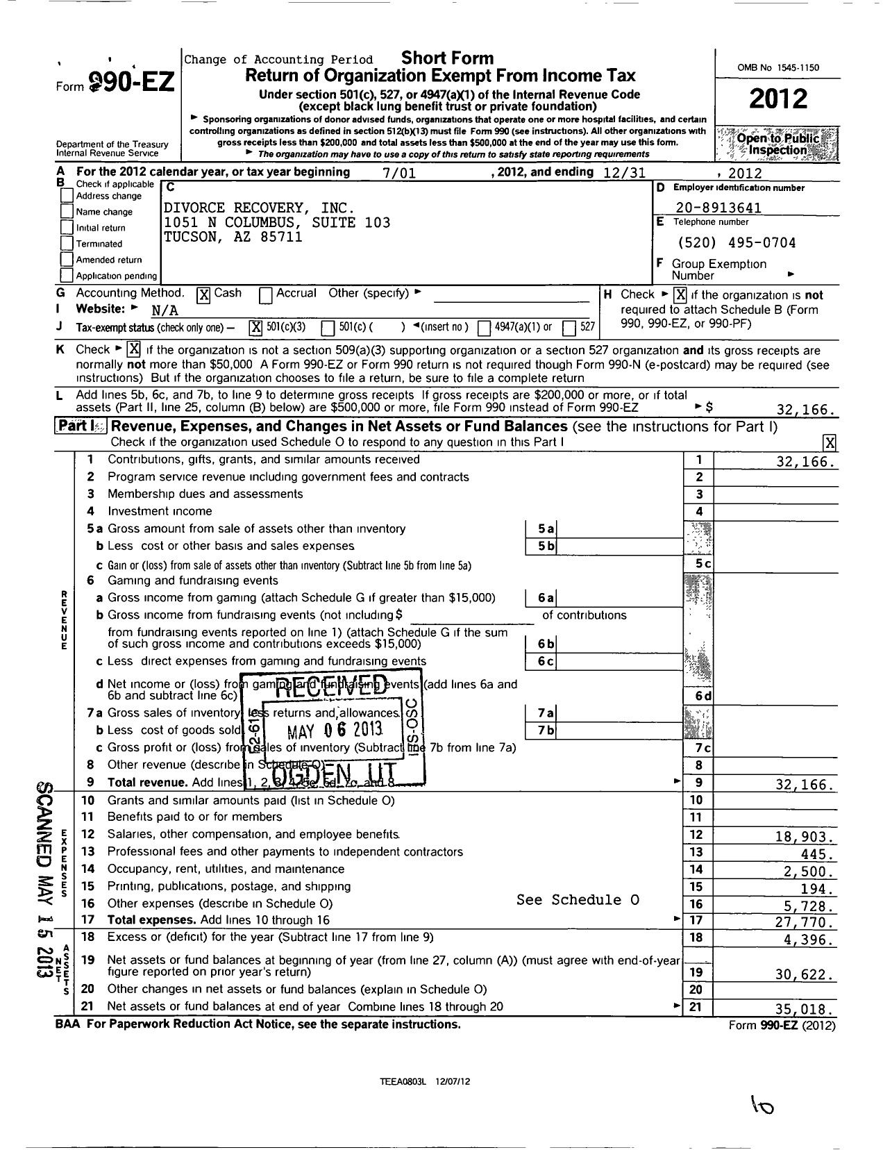 Image of first page of 2012 Form 990EZ for Divorce Recovery