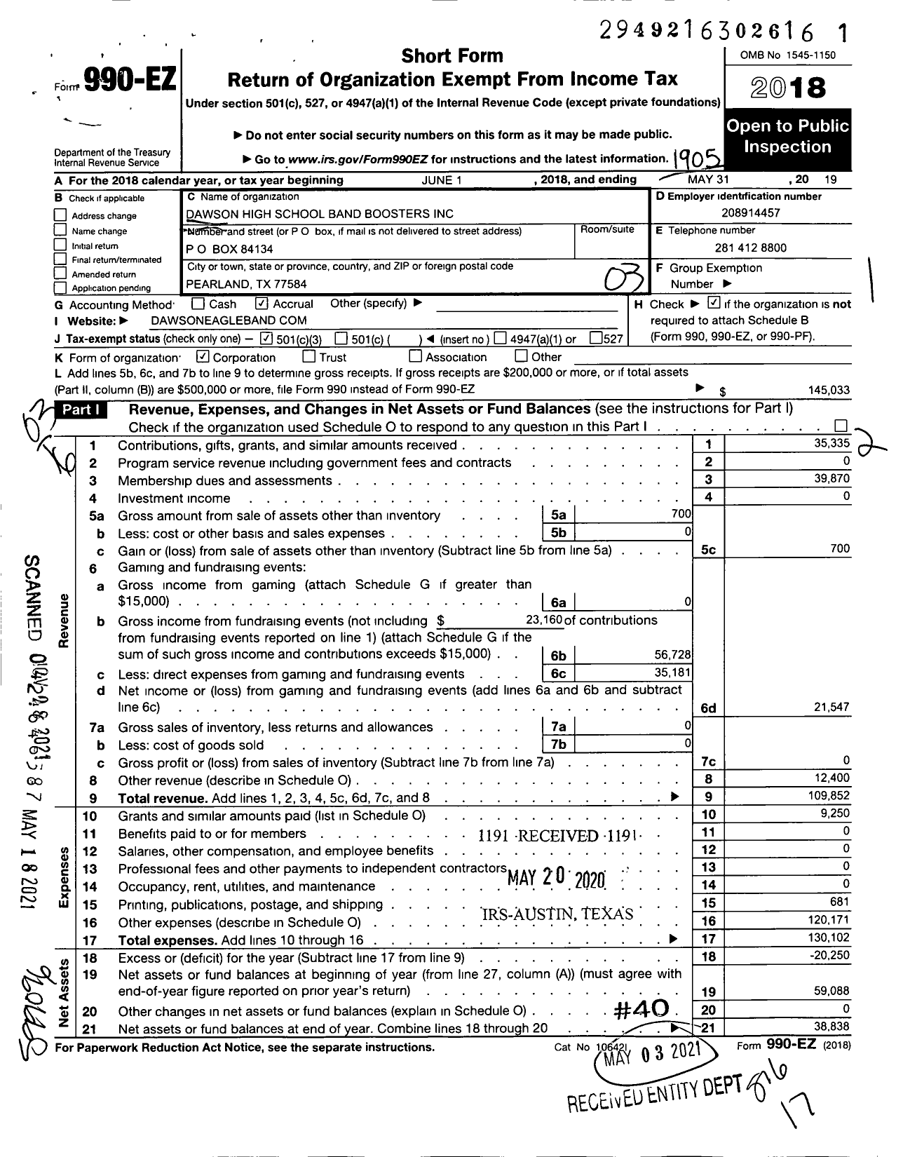 Image of first page of 2018 Form 990EZ for Dawson High School Band Boosters