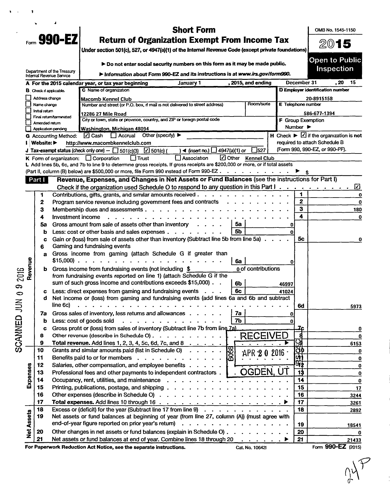 Image of first page of 2015 Form 990EO for Macomb Kennel Club