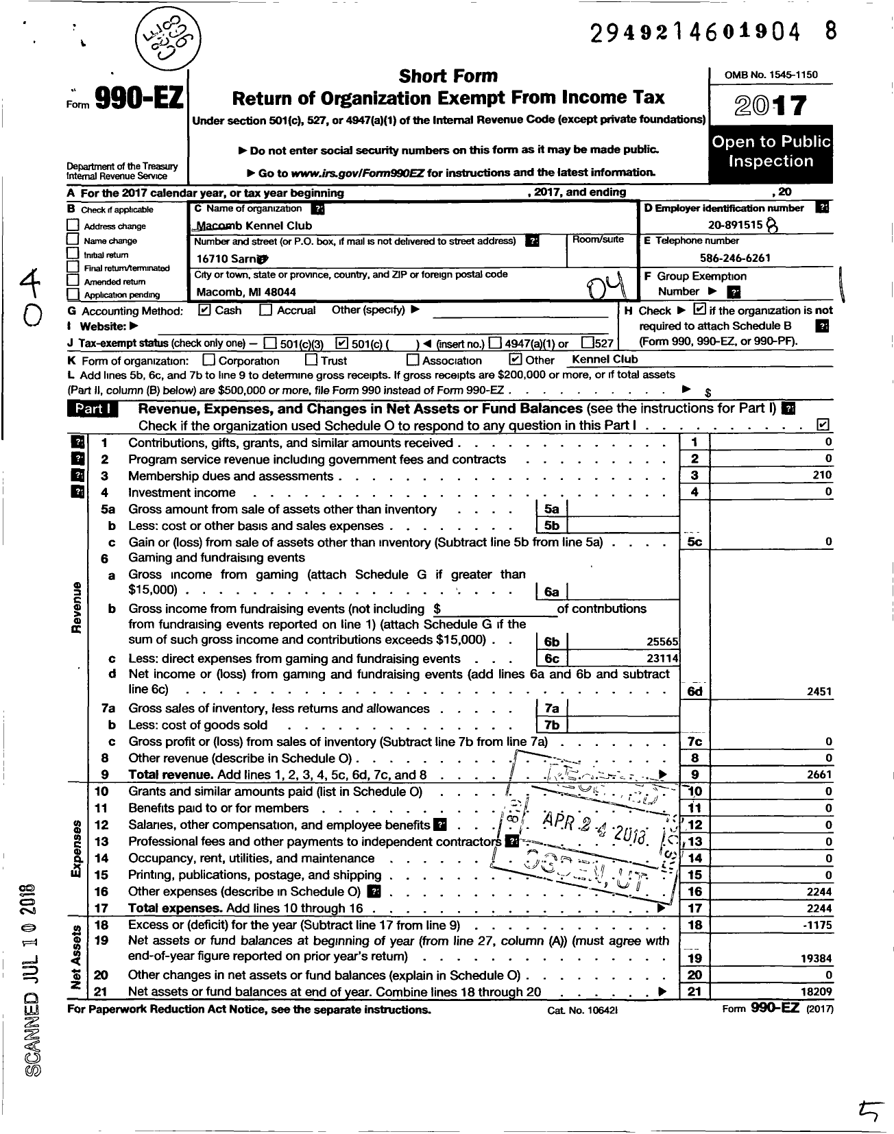 Image of first page of 2017 Form 990EO for Macomb Kennel Club