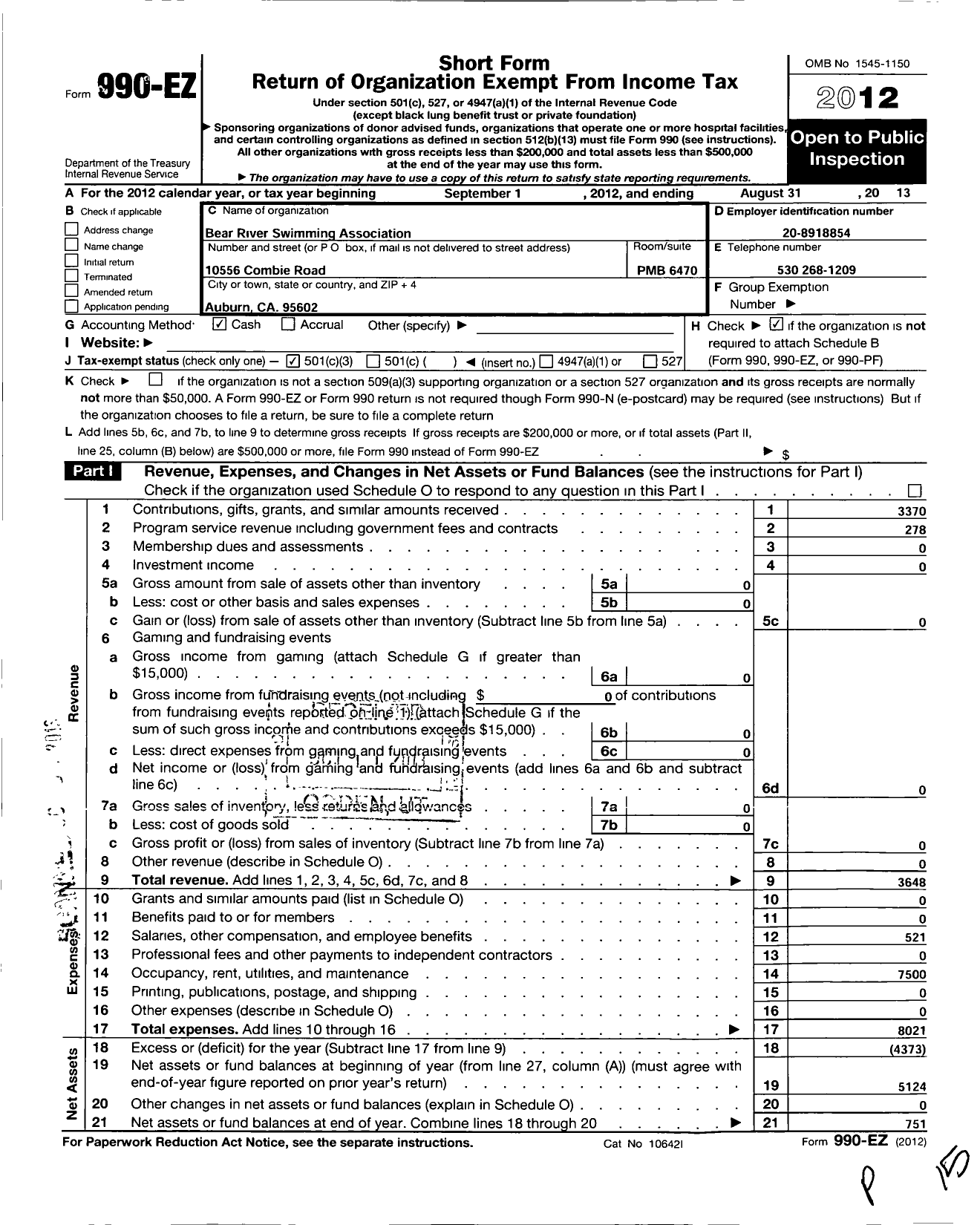 Image of first page of 2012 Form 990EZ for Bear River Swimming Association