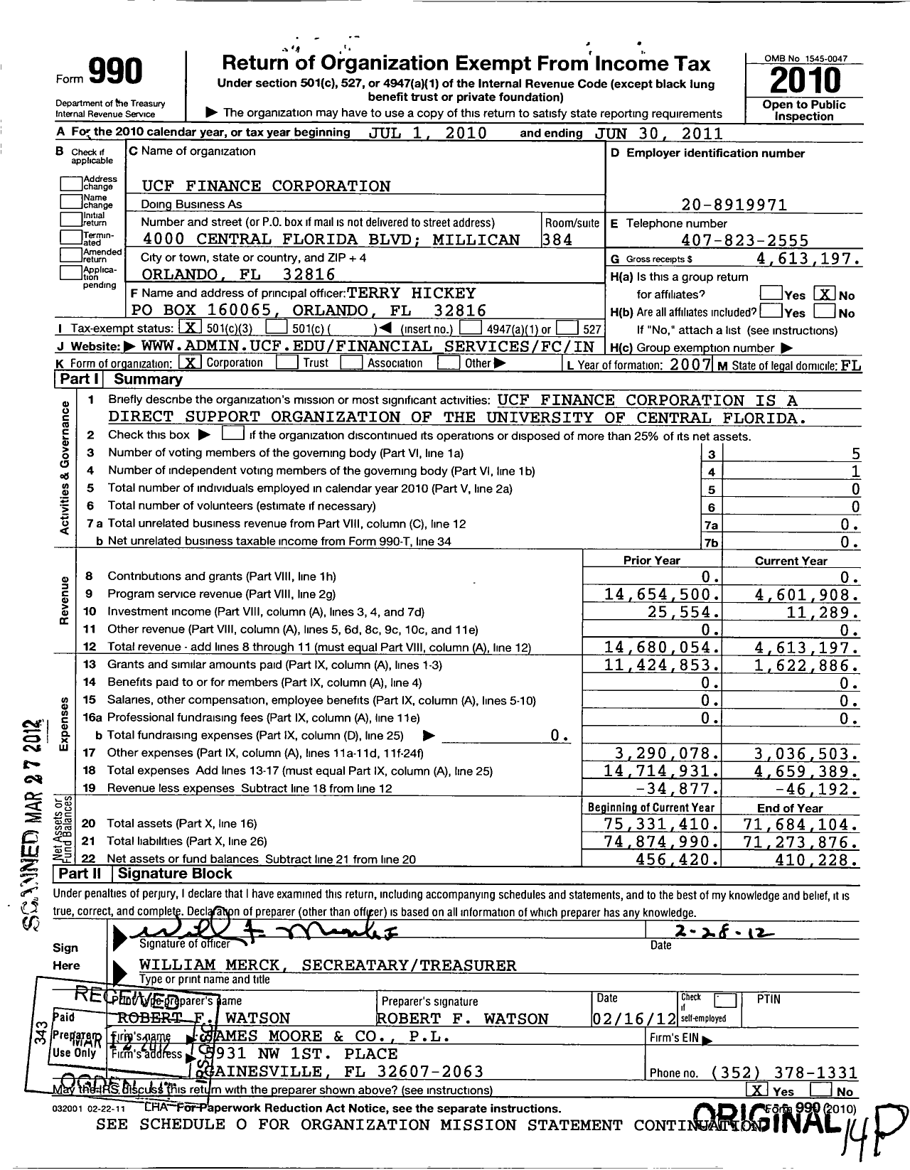 Image of first page of 2010 Form 990 for Ucf Finance Corporation