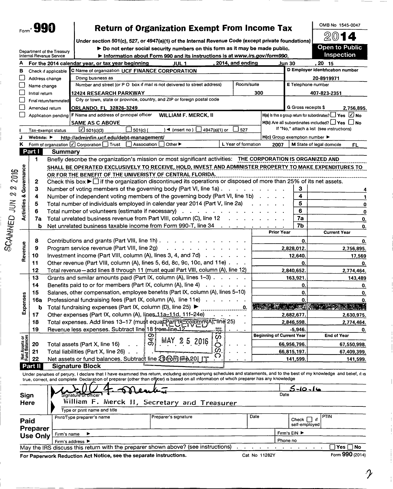 Image of first page of 2014 Form 990 for Ucf Finance Corporation