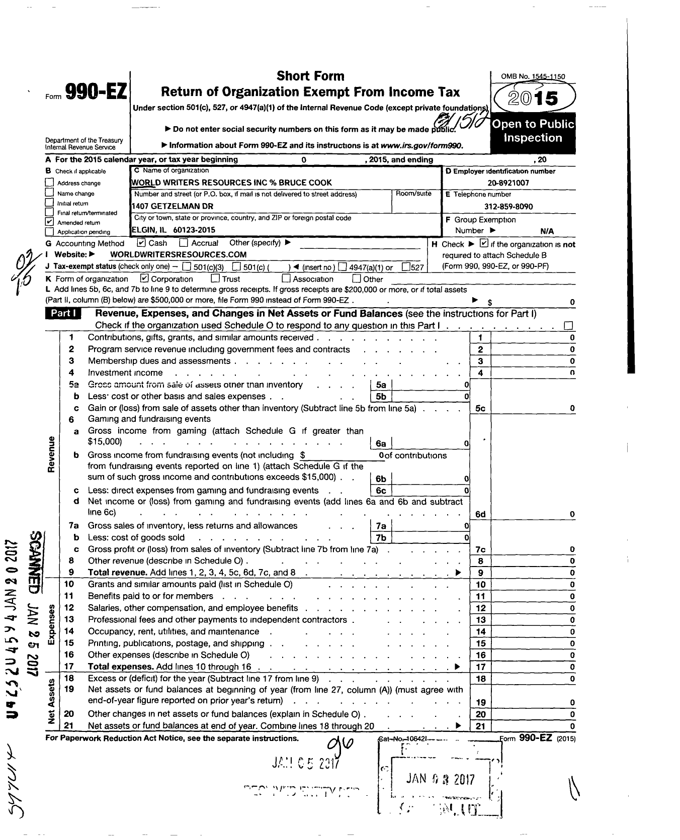 Image of first page of 2015 Form 990EO for World Writers Resources