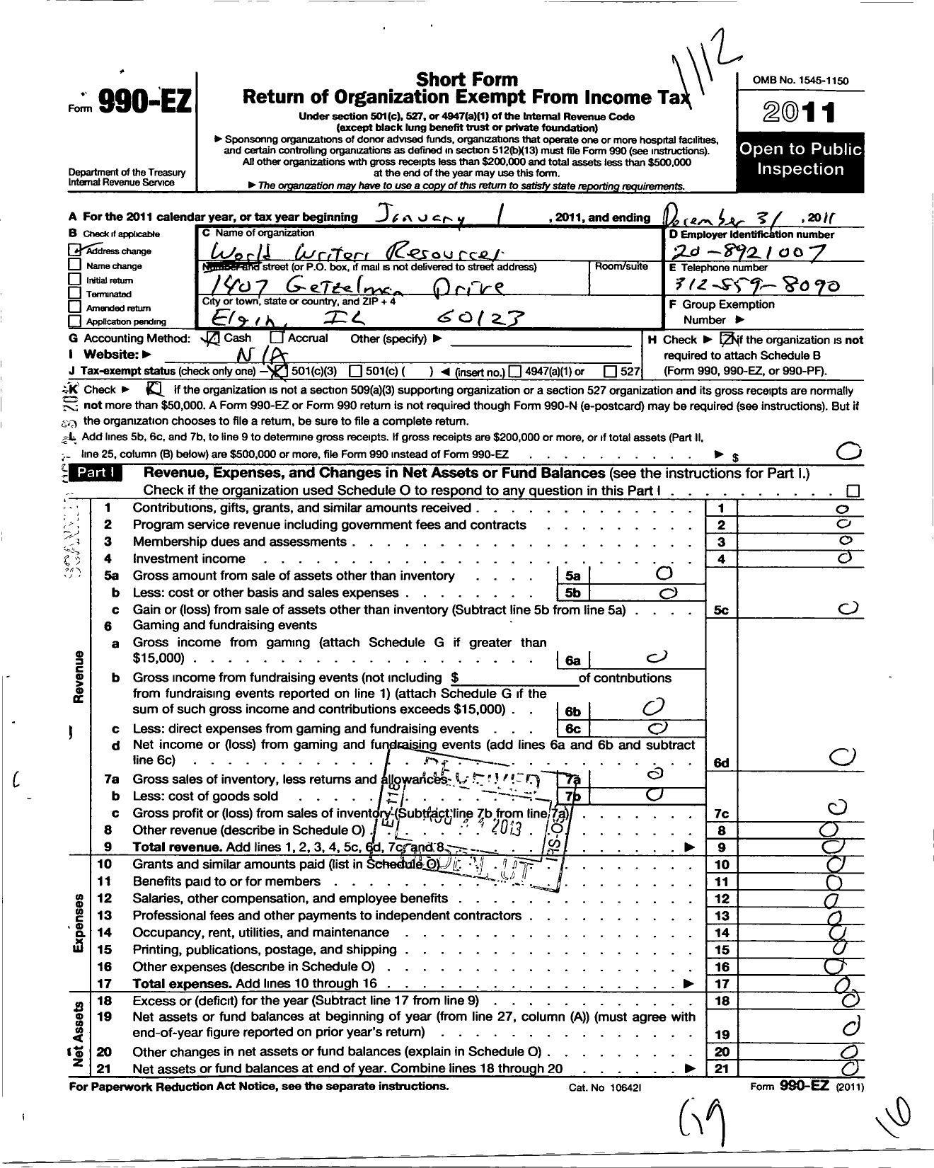 Image of first page of 2011 Form 990EZ for World Writers Resources