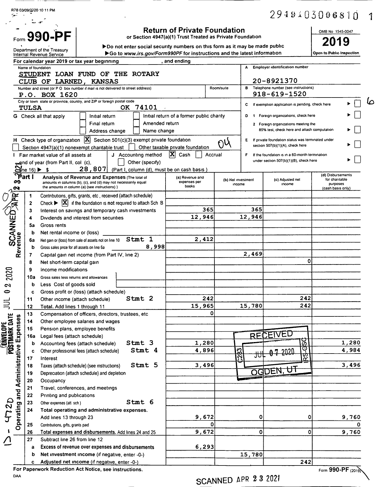 Image of first page of 2019 Form 990PF for Student Loan Fund of the Rotary Club of Larned