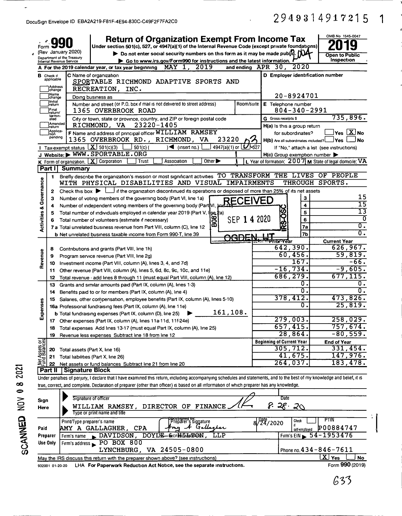 Image of first page of 2019 Form 990 for Sportable Richmond Adaptive Sports and Recreation