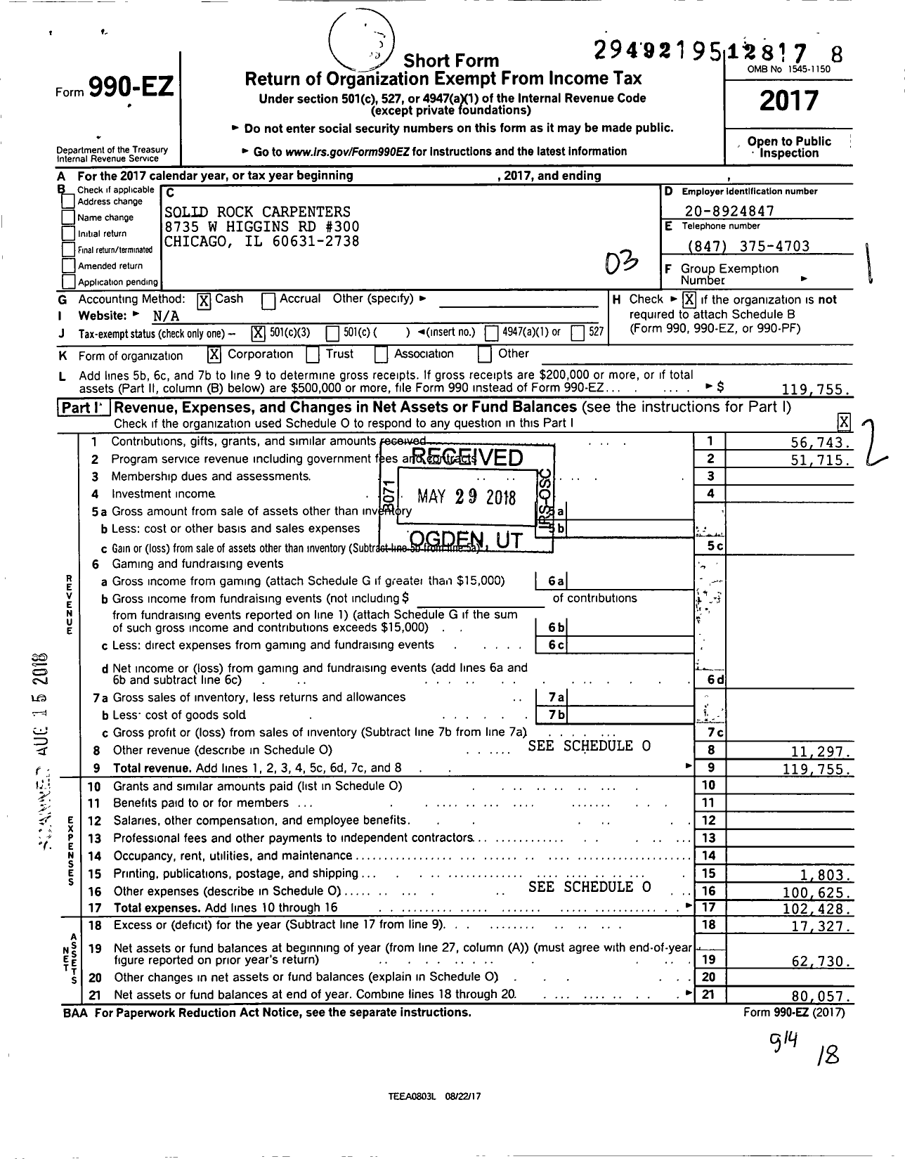 Image of first page of 2017 Form 990EZ for Solid Rock Carpenters