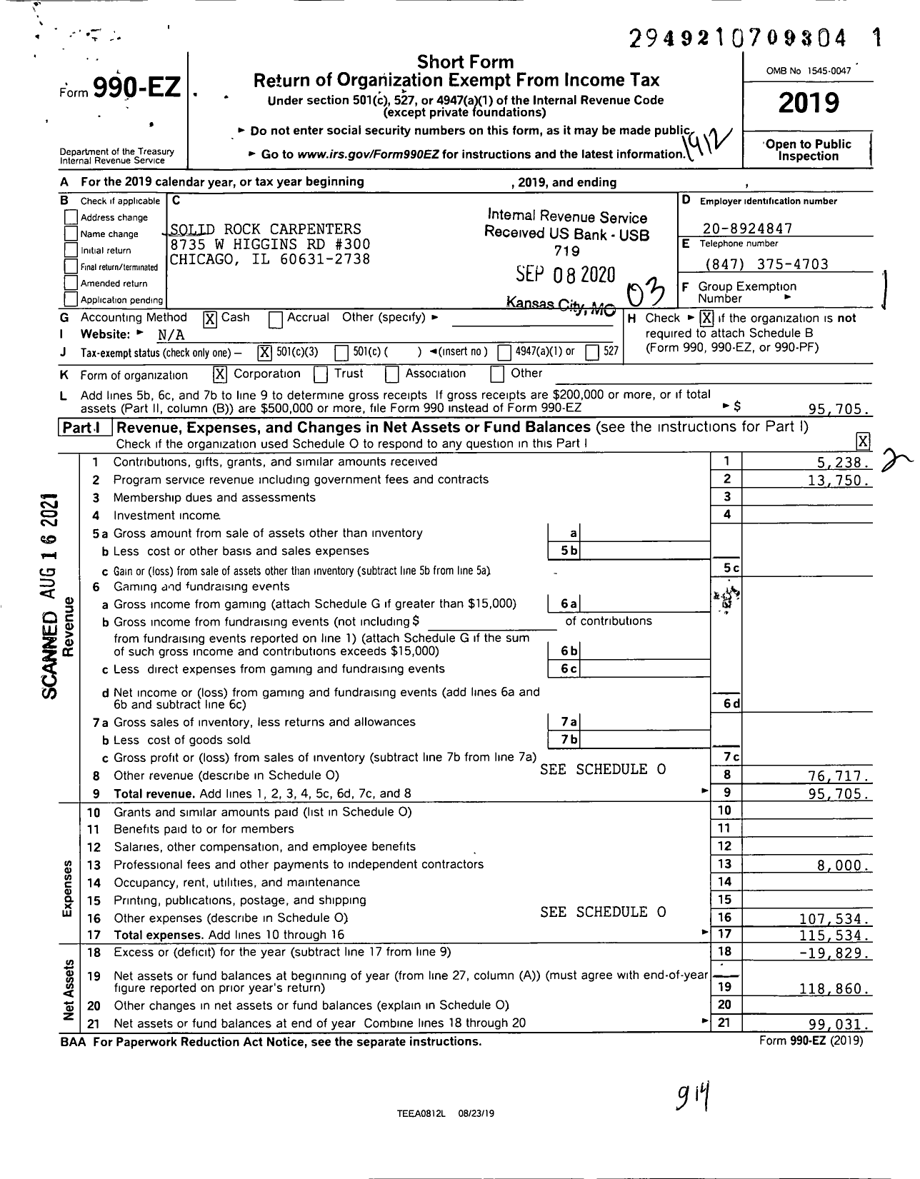 Image of first page of 2019 Form 990EZ for Solid Rock Carpenters