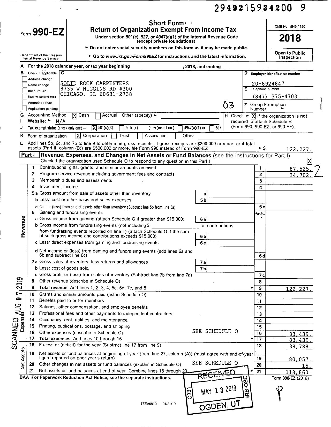 Image of first page of 2018 Form 990EZ for Solid Rock Carpenters