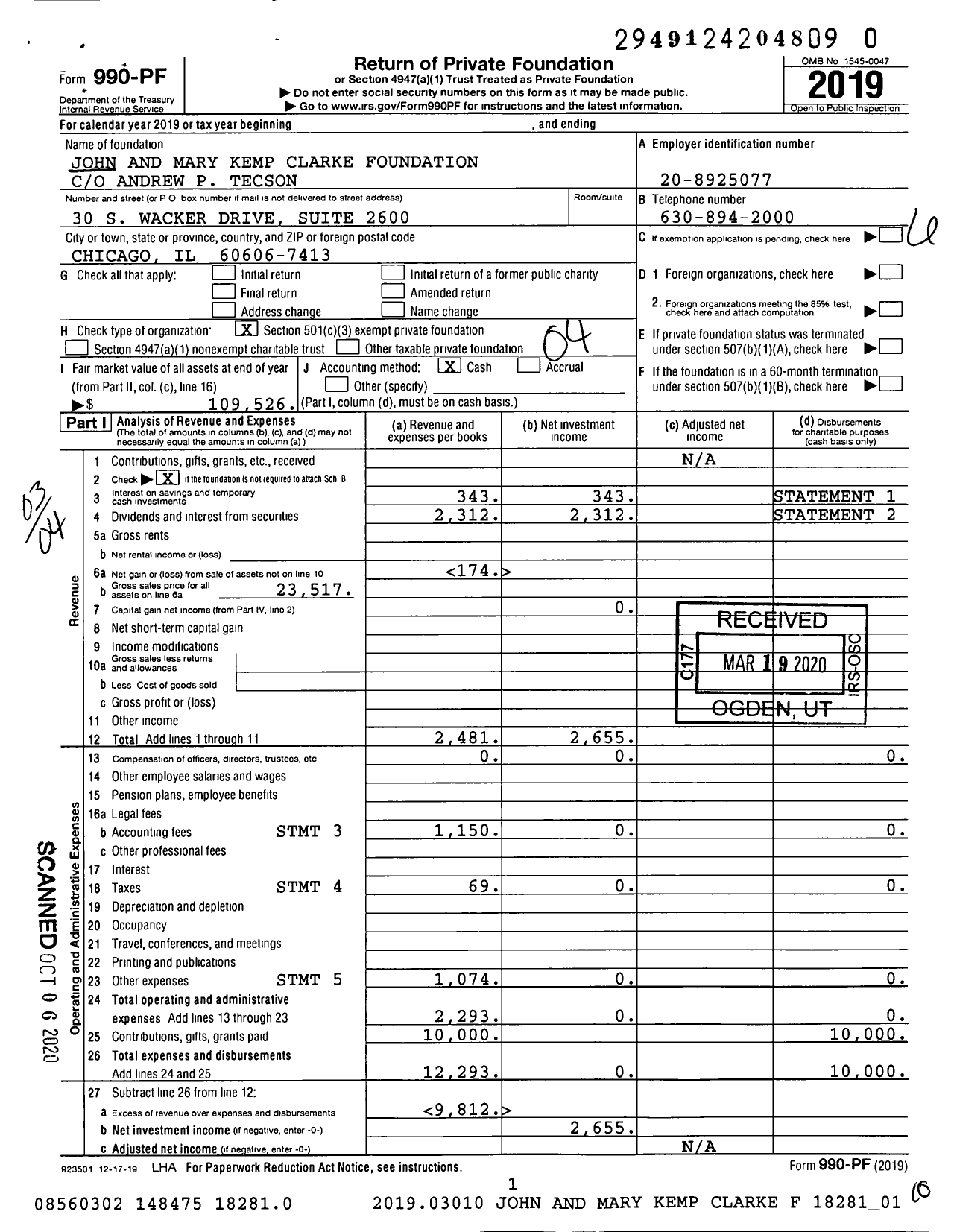 Image of first page of 2019 Form 990PR for John and Mary Kemp Clarke Foundation