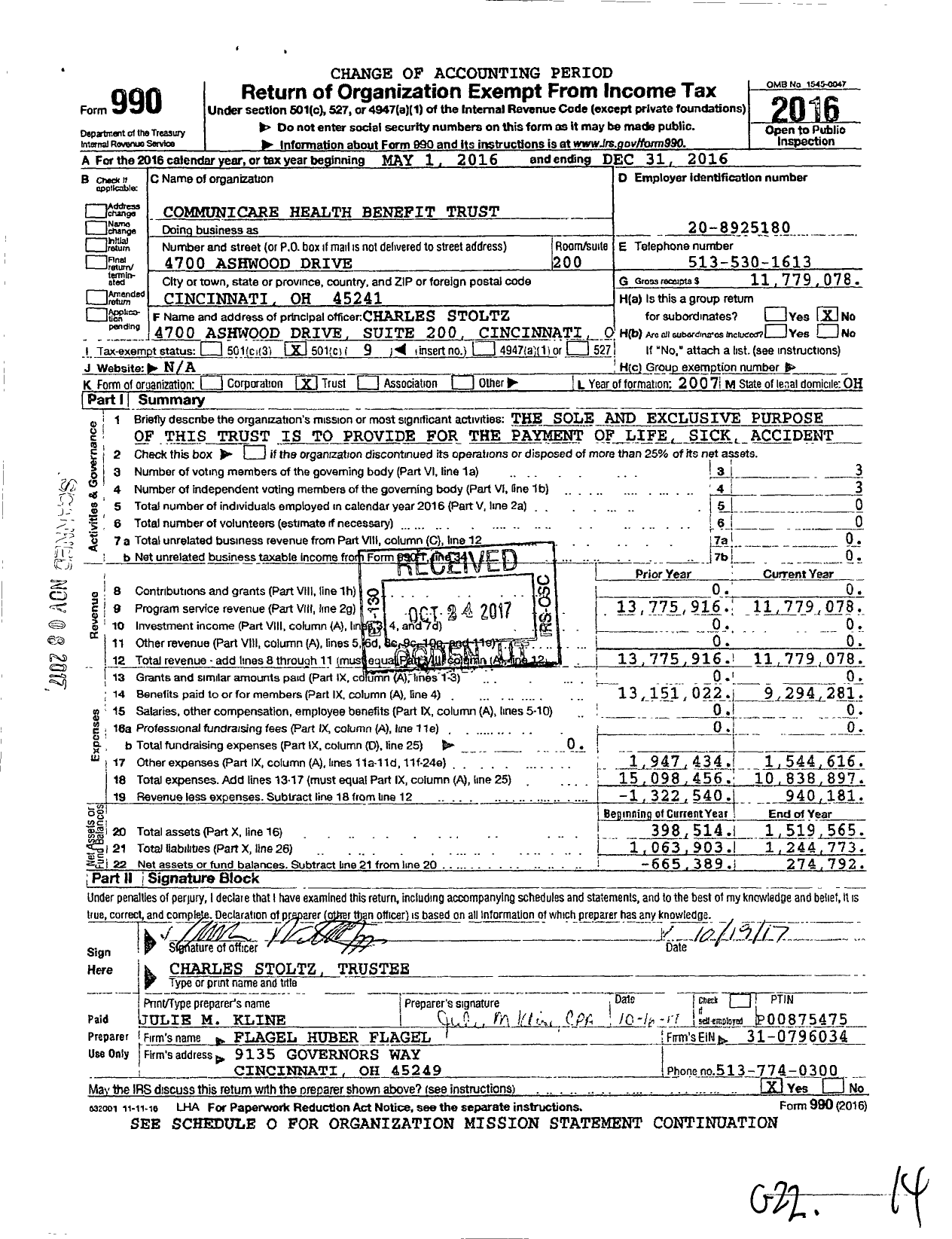 Image of first page of 2016 Form 990O for Communicare Health Benefit Trust