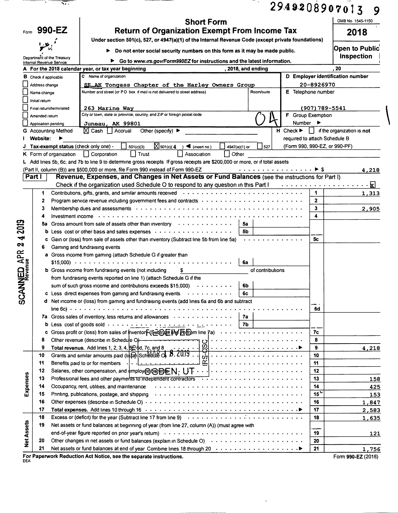 Image of first page of 2018 Form 990EO for Southeast Alaskan Tongass Chapter