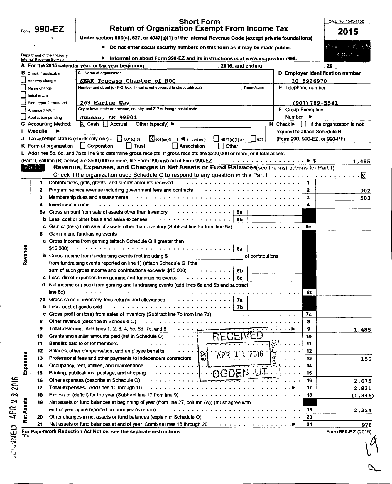 Image of first page of 2015 Form 990EO for Southeast Alaskan Tongass Chapter