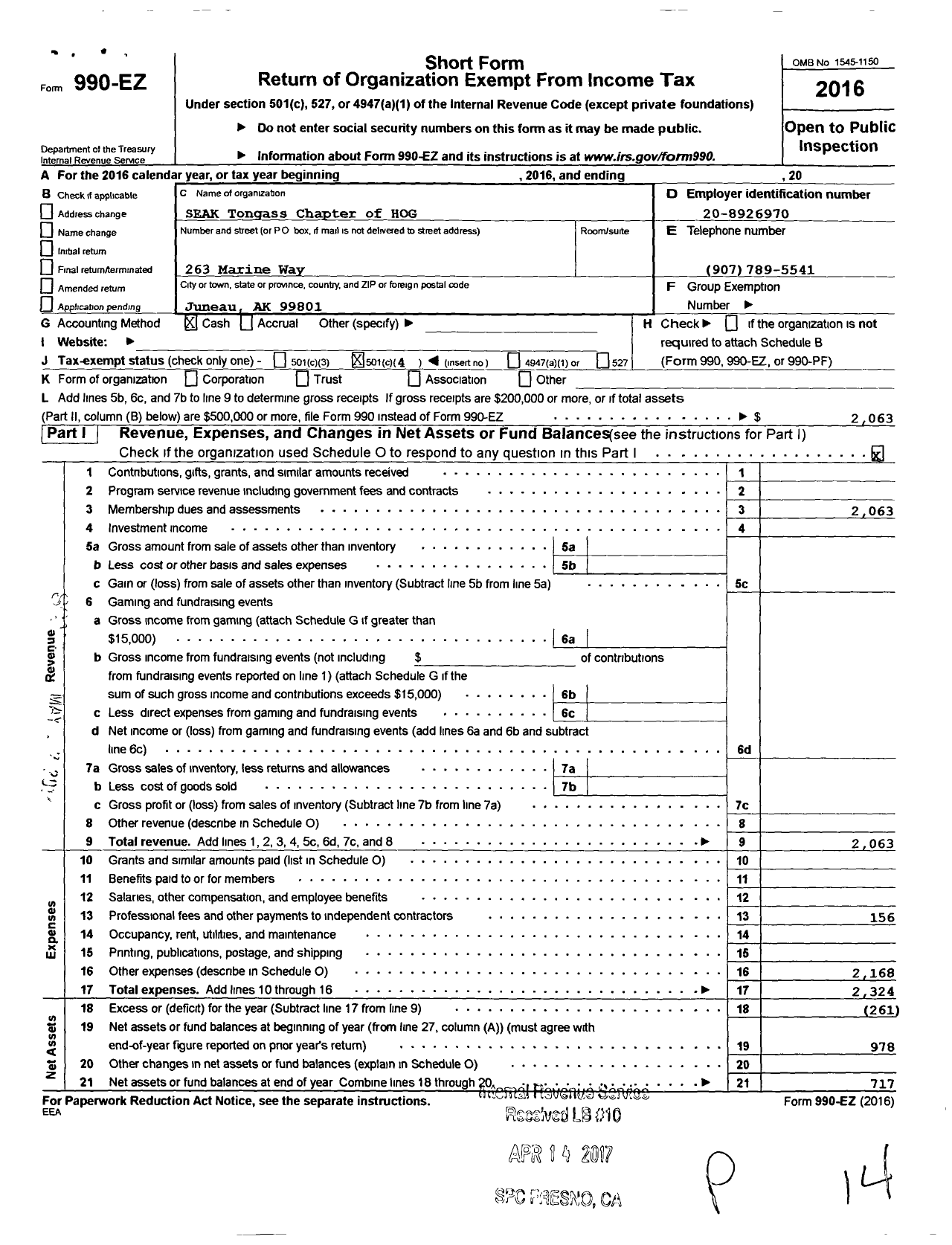 Image of first page of 2016 Form 990EO for Southeast Alaskan Tongass Chapter