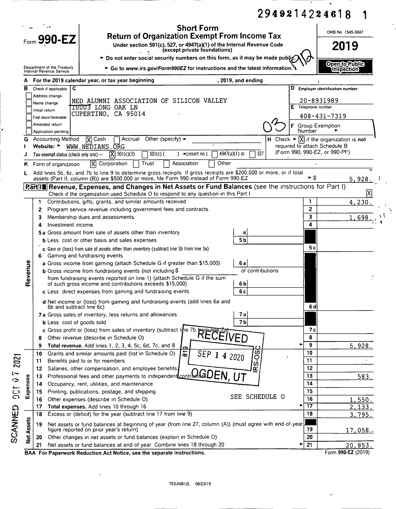 Image of first page of 2019 Form 990EZ for Ned Alumni Association of Silicon Valley